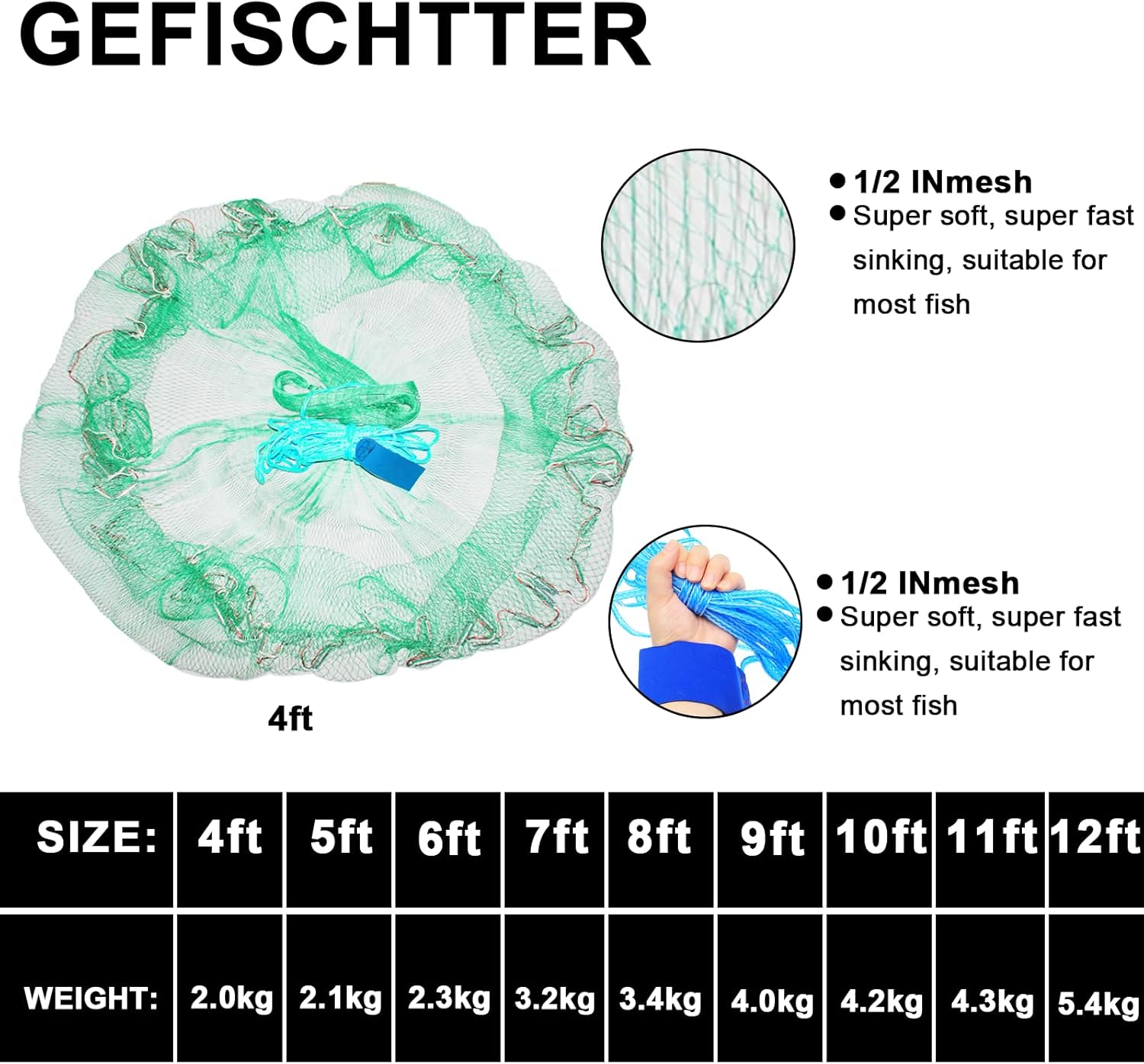 Saltwater Fishing Cast Net Eco-Friendly Rubber Sinker 1/2 Inches Mesh for Bait Shrimp Trap Fish Size 4FT/5FT/6FT/7FT/8FT/9FT/10FT/11FT/12FT Radius