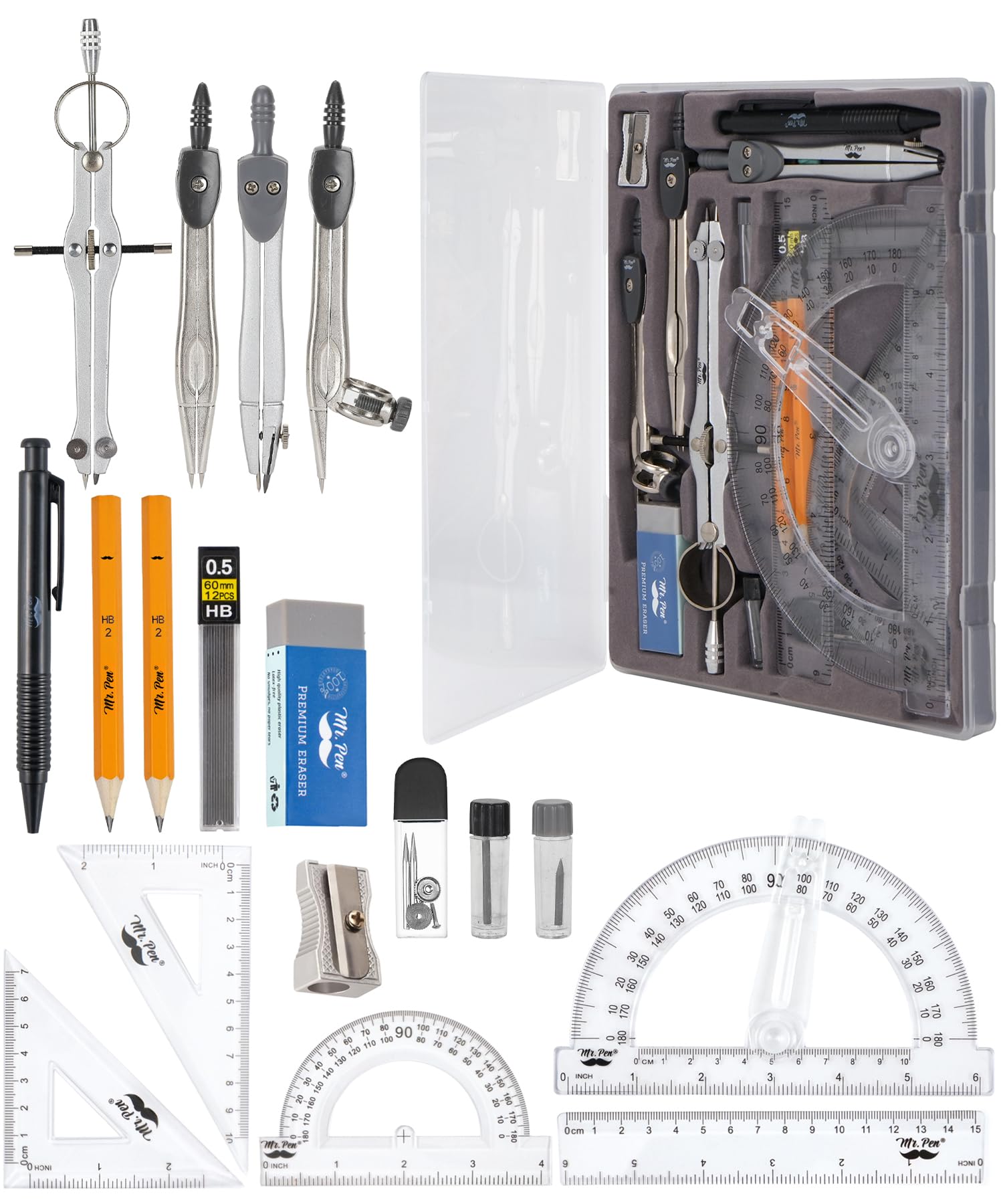 Mr. Pen Geometry Set with 6 Inch Swing Arm Protractor, Divider, Set Squares, Ruler, Compasses and Protractor, 15 Piece Set