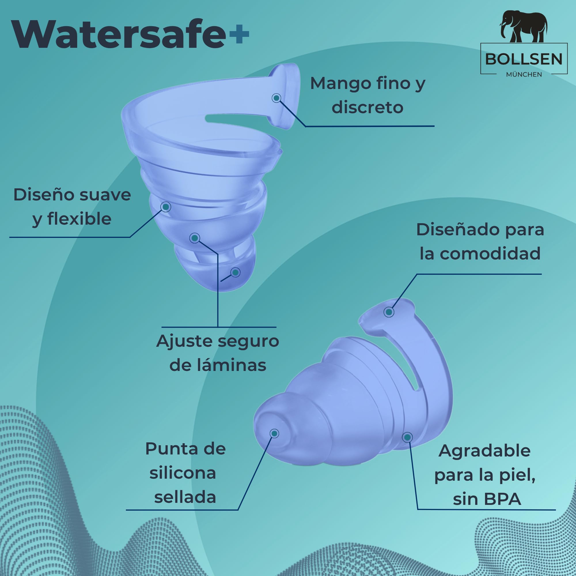 BOLLSEN Watersafe+ Tapones para los oídos de natación – Tapones de silicona reutilizables para natación, ducha, baño y deportes acuáticos – Tapones impermeables con reducción de ruido de 24 dB SNR (3)
