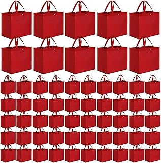 Zhehao 60 Pcs Reusable Grocery Shopping Bags Large Foldable Gift Tote Non Woven Fabric Bags with Handle and Plastic Button for Birthdays, Bridesmaids, Party Favors, 15 x 9.5 x 13 Inch(Red)