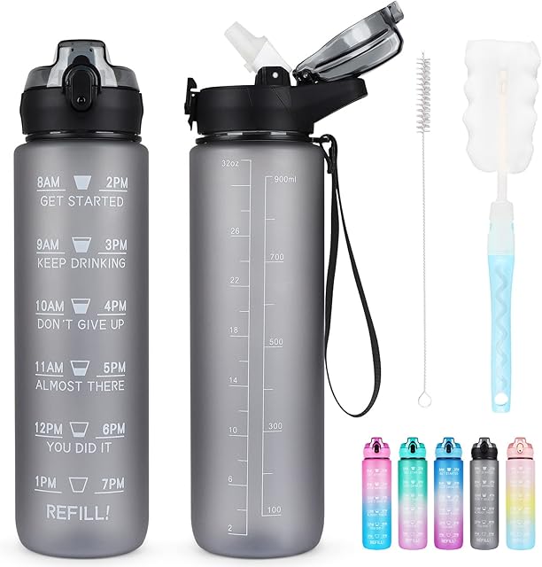AOHAN Water Bottle with Straw 1L, Sports Drinks Bottle with Time Markings BPA Free Non-Toxic PCTG Plastic Leakproof Drinking Bottle Motivational Water Bottles With Cleaning Brush for Outdoor Sports