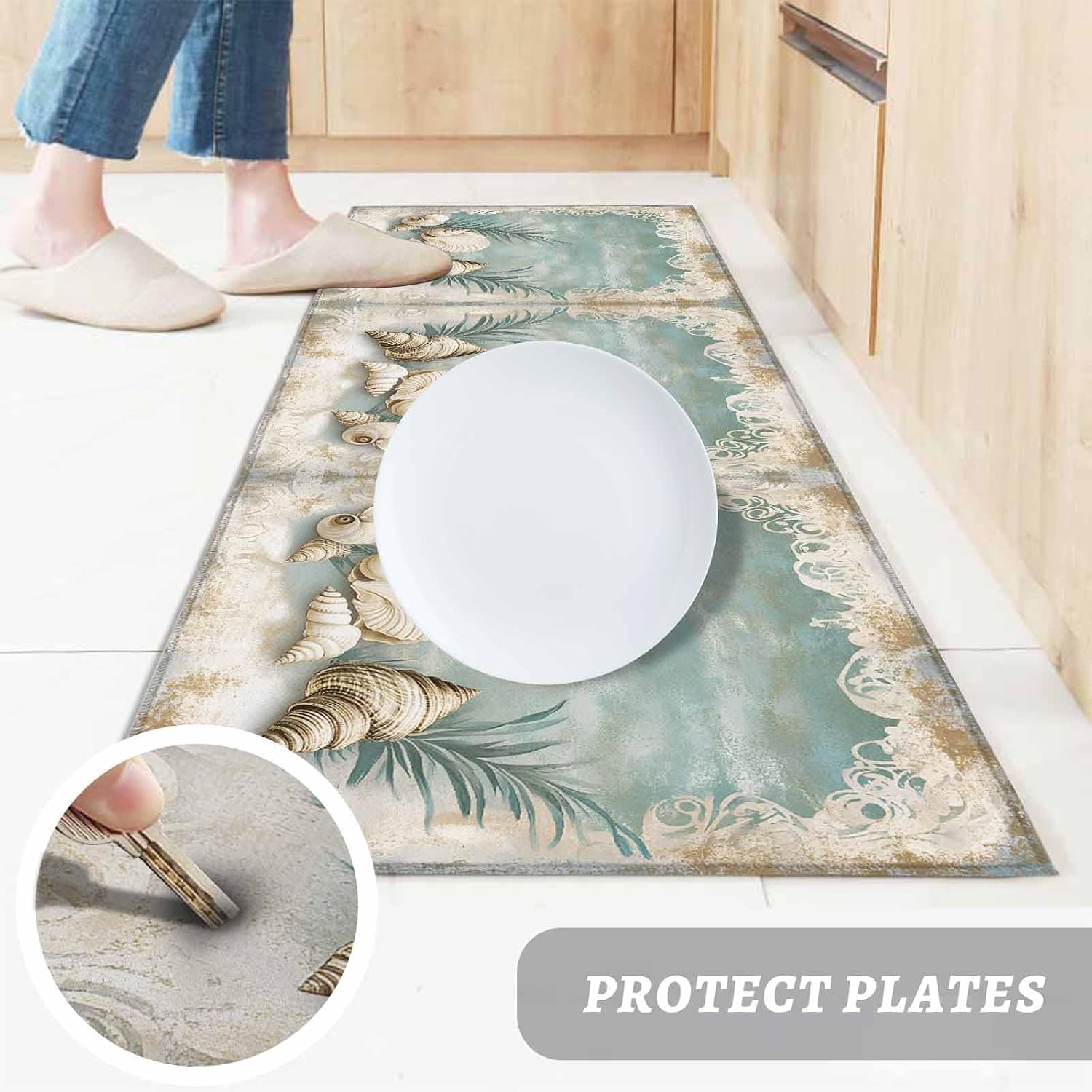 Kitchen Mats for Floor Vintage Seaside Shells Seaweed Washable Non Slip Kitchen Rugs 1PCS, Marine Life on Gradient Blue Absorbent Standing Mats for Sink Bathroom Office Living Room 23.6x70.9in