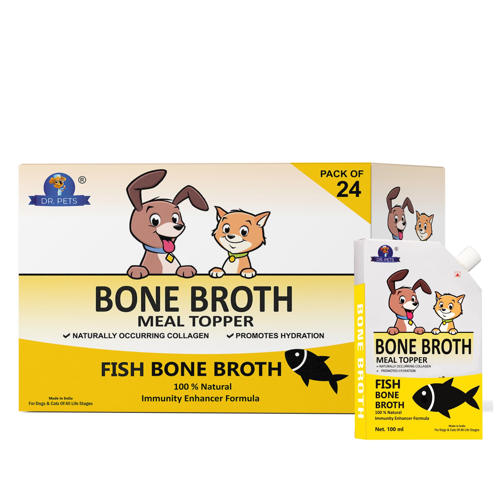 Dr. Pet Bone Broth for Dogs Fish Human Grade, Preservative Free, Gut Friendly Dog Food Topper, Natural Hydrating Liquid Dog Treats, Dog Supplement with Natural Collagen Pack of 24 (100 ML) (B0D9VGF3XN) Amazon Price History, Amazon Price Tracker