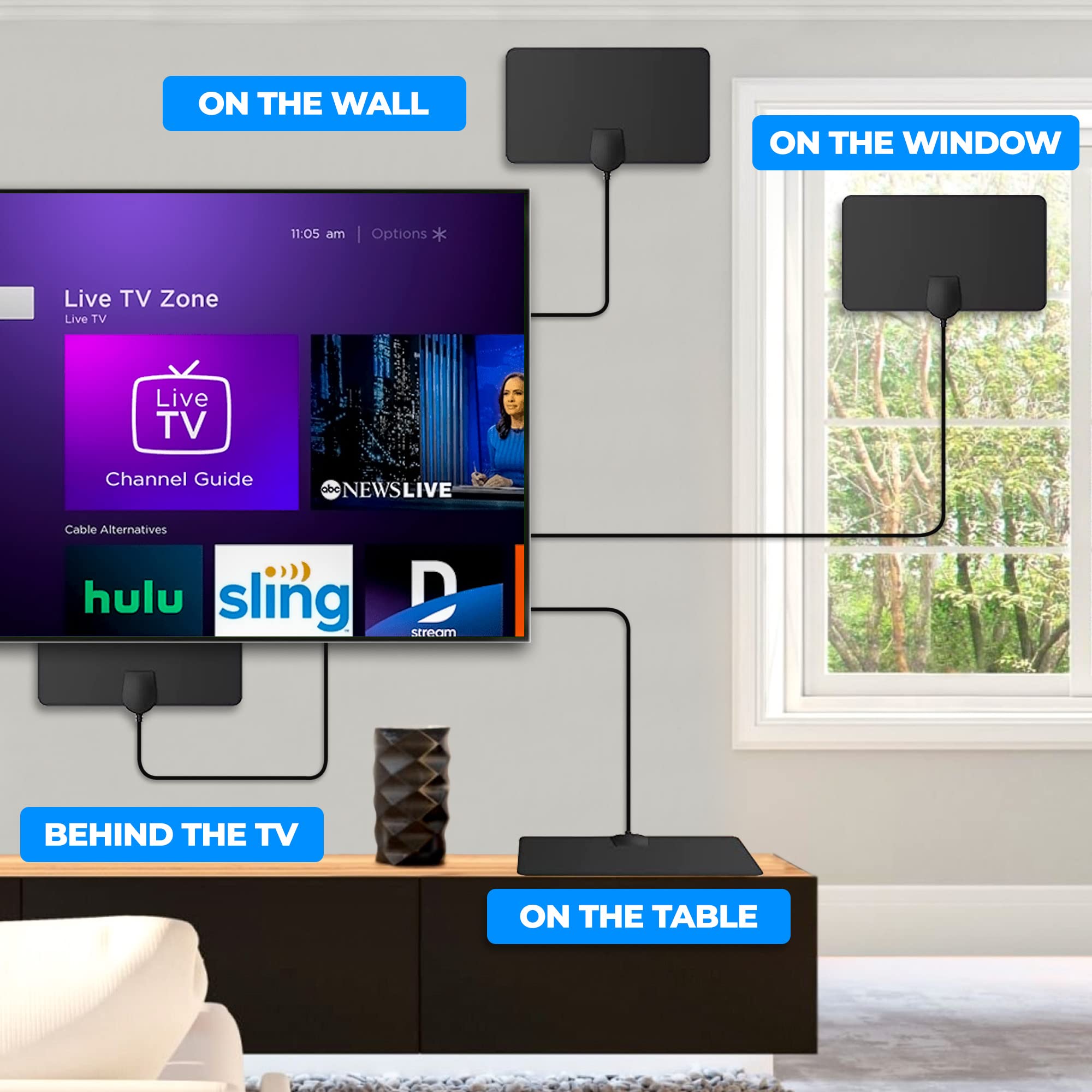 HIDB TV-antenne voor Smart TV binnen, digitale HD-antennes voor binnen met sterke magnetische basis, eenvoudige installatie, lange afstandsontvangst