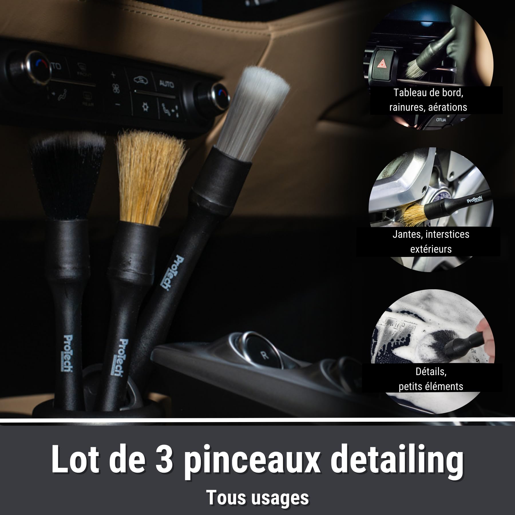 ProTech Monte-Carlo - Kit Accessoires Detailling - Boite de 3 Pinceaux - 2 Applicateurs Pneus - 2 Mousses Rondes - Nettoie Tous Les Détails de Votre Voiture avec Précision - Offre Un Nettoyage Complet