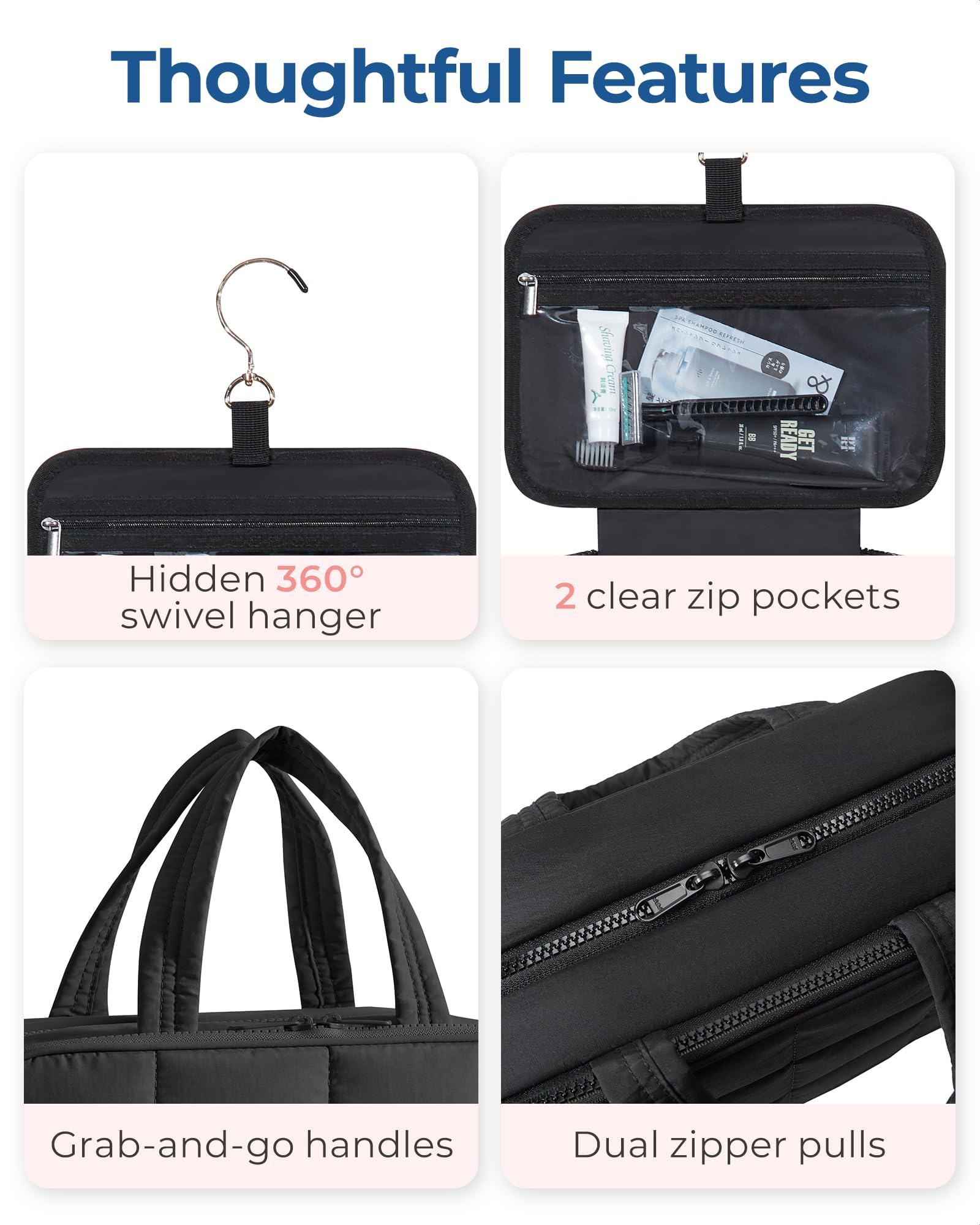 BAGSMART Hanging Toiletry Bag with Jewellery Compartment, Travel Bag for Toiletries, Puffy Makeup Cosmetic Organiser, Carry-on Travel Accessories Essentials, Black-L — view 5