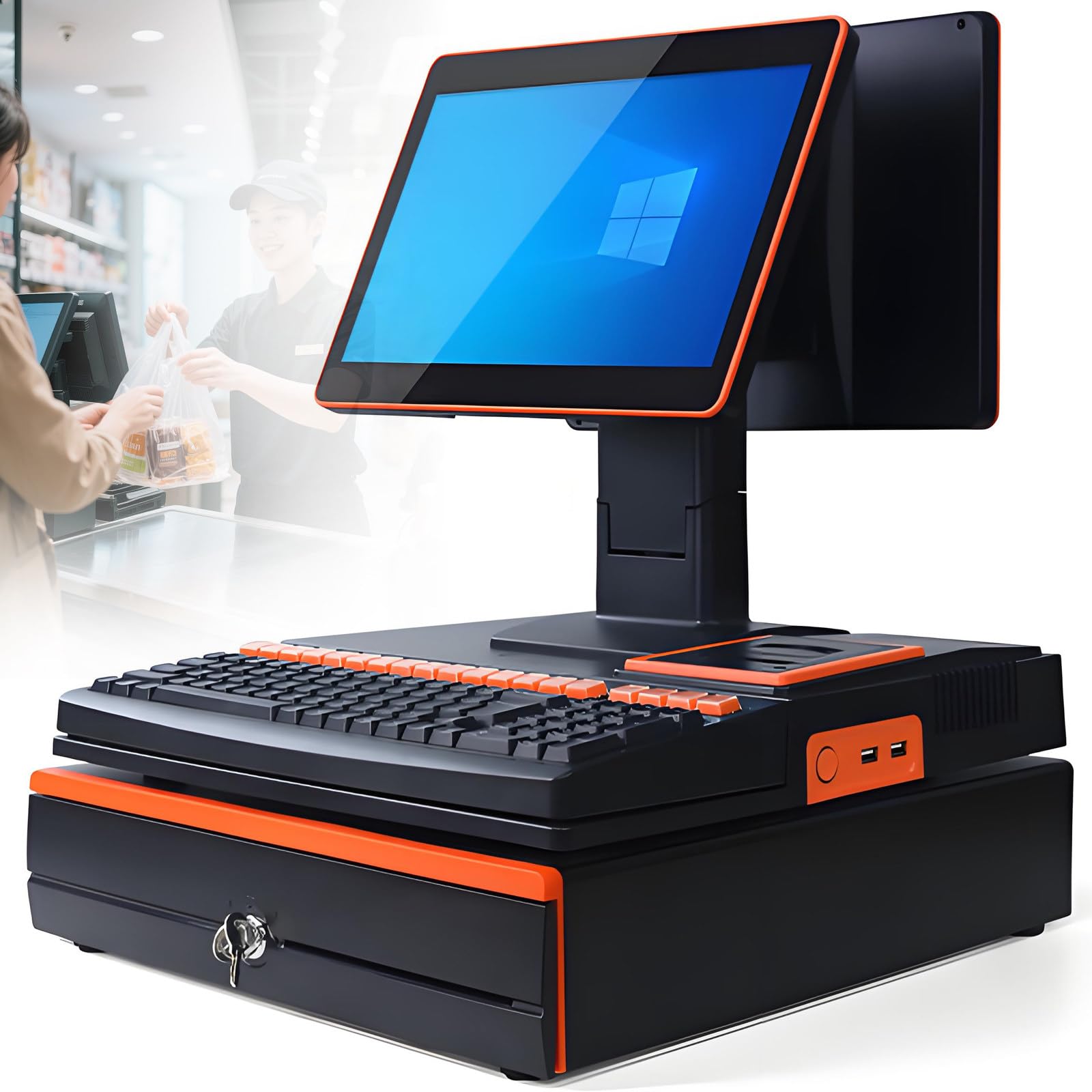 Inteligentna kasa fiskalna All in One POS System, Dual-Core I5, 8 GB RAM, 128 GB SSD, ekran wielodotykowy 15,6 cala, do sprzedaży detalicznej, restauracji, sklepu dla małych firm, pomarańczowa