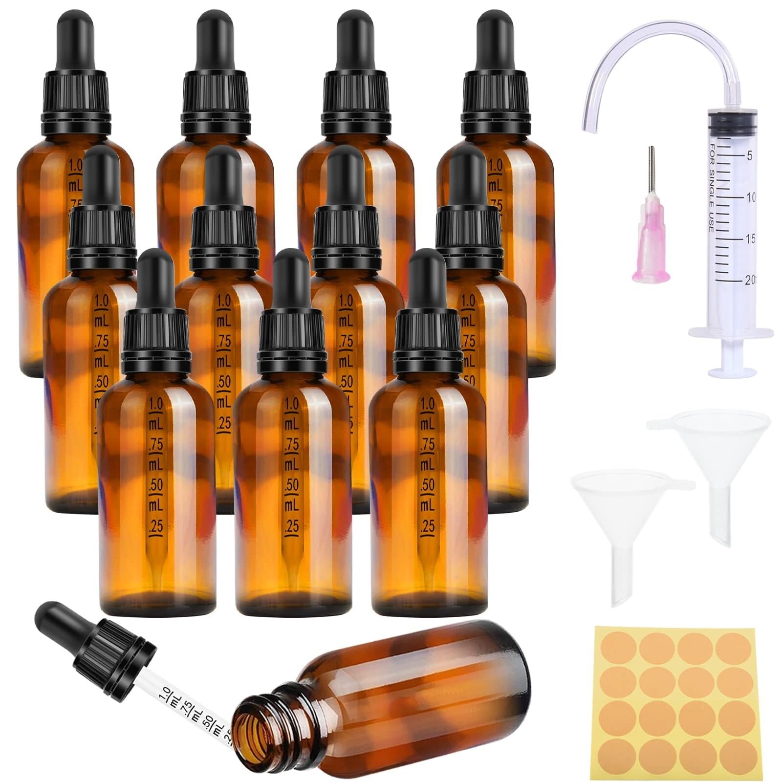 Frasco Cuentagotas de Vidrio Marrón 50ml - Pack de 2 con Cuentagotas & Accesorios, Antifugas para Aceites Esenciales & Aromaterapia(30ml 12pcs)