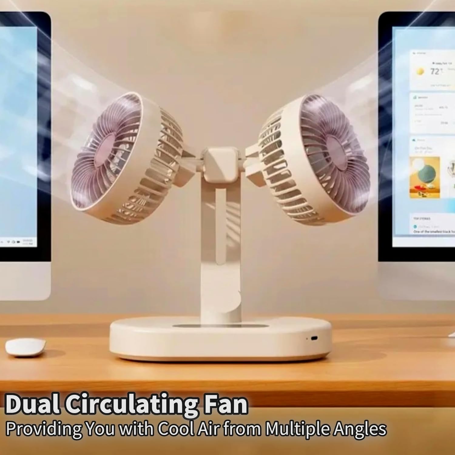 Double Head Oscillating Desk Fan, Quiet Table Fan USB Rechargeable with 6-Speed & 9-Hour Timer, 360° Rotation Wall Mountable for Table, Bedroom, Office, Outdoor (Beige)