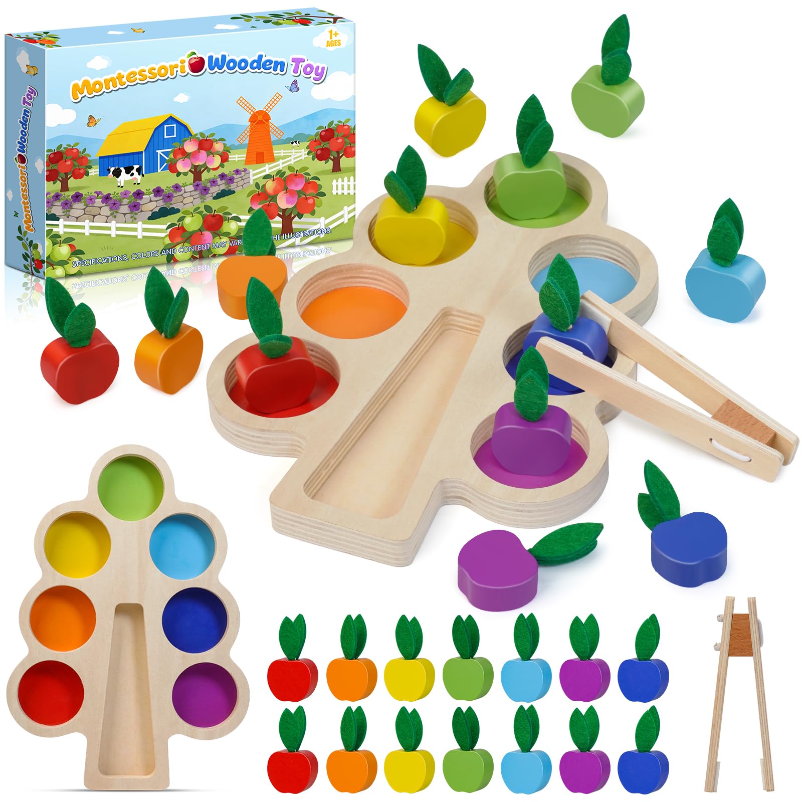 Joozmui Montessori Toys for 1 2 3 Year Olds, Colour Sorting Apple Picking Toys for Toddlers, Wooden Fine Motor Skills Toys, Preschool Educational Sensory Toys for 1 2 3 Year Old Boys Girls Gifts
