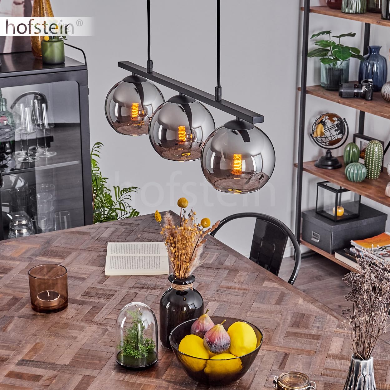 Pendelleuchte Koyoto, Hängelampe aus Metall/Glas in Schwarz/Chromfarben, Hängeleuchte im Retro/Vintage-Design mit Glasschirmen (Ø 15 cm), 3-flammig, Höhe max. 111,5 cm, 3 x E27, ohne Leuchtmittel