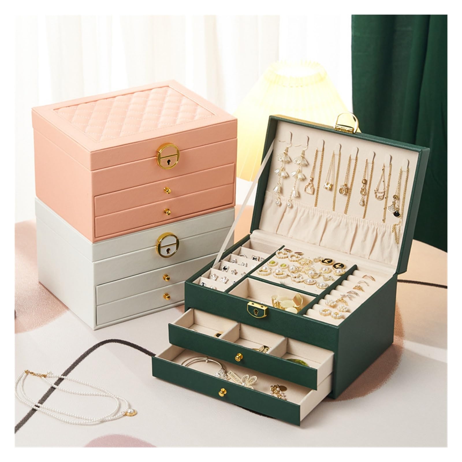 Joyeros Organizador Joyero Clásico De PU De Tres Niveles Caja Para Joyas | Adorno Multifuncional Para Almacenamiento.