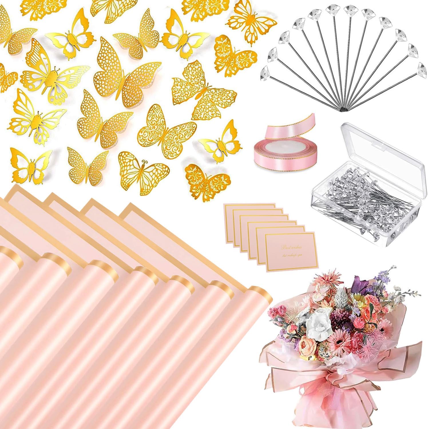 179Pcs Flower Wrapping Bouquet Paper Kit with 20 Sheets Pink Floral Wrapping Paper, 100 Pcs Diamond Bouquet Pins, 48Pcs 3D Gold Butterflies ,1Roll Ribbon 10 Cards for Graduation Birthday Wedding DIY Craft