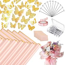 179Pcs Flower Wrapping Bouquet Paper Kit with 20 Sheets Pink Floral Wrapping Paper, 100 Pcs Diamond Bouquet Pins, 48Pcs 3D Gold Butterflies ,1Roll Ribbon 10 Cards for Graduation Birthday Wedding DIY Craft