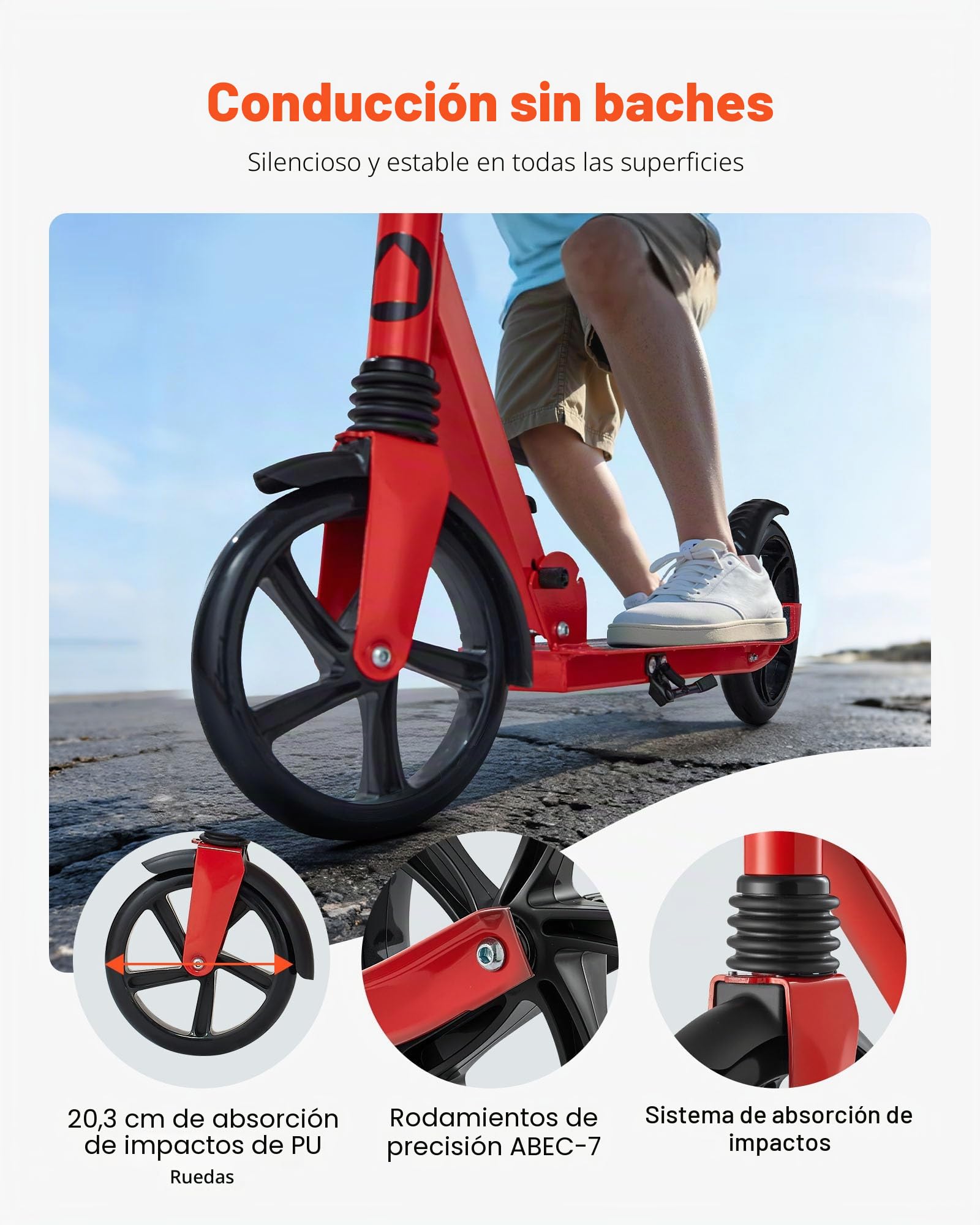 VEVOR Patinete 2 Ruedas, para Niños a Partir de 8 Años, con Manillar Regulable en Altura y Base Antideslizante, Patinete Plegable hasta 100 kg, Negro y Rojo, Armazón de Acero, 900 x 380 x 1000 mm