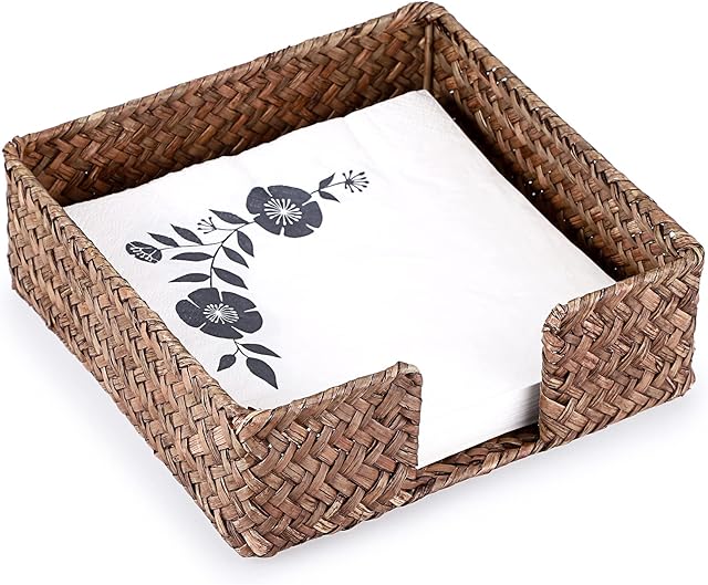 IGNPION Seagrass Luncheon Napkin Holder Woven Lunch Serviette Tray Tissue Cocktail Napkin Paper Dispenser Tabletop Decor Storage Tray for Dining Room, Bar, Party, Modern Buffet Napkins Caddy(coffee)