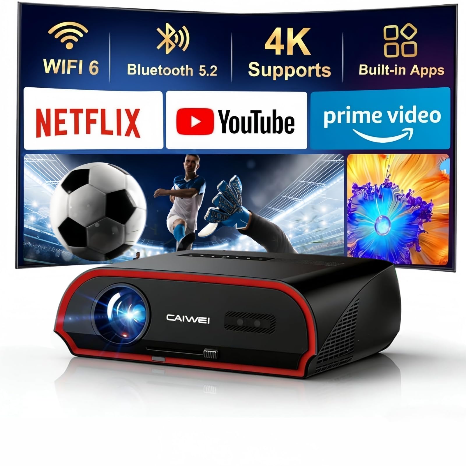 Ultra Bright 1800ANSI Lumens Smart Projector, NFC Casting Wireless, WiFi 6, 4K-Decoding HDR10+, Android TV, Two-Way Bluetooth, DSP Stereo, Daylight Home Theater/ Low Latency Gaming/ Backyard Movie-image-14