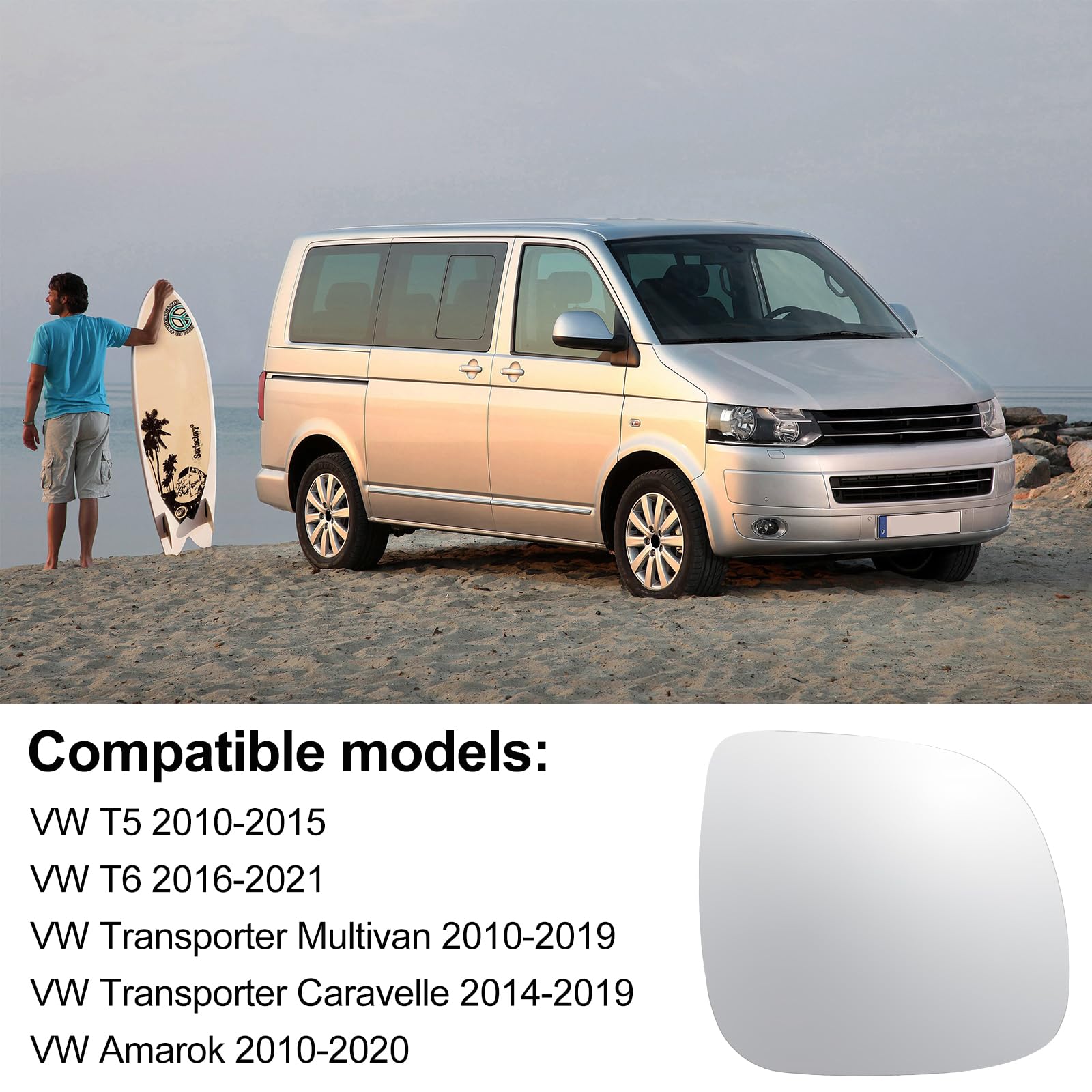Vetro a Specchio Sostituzione Compatibile con VW T5 2010-2015 T6 2016-2012 Transporter Caravelle Multivan Amarok Vetro Specchietto Retrovisore Riscaldabile Asferico Specchio Esterno Destro