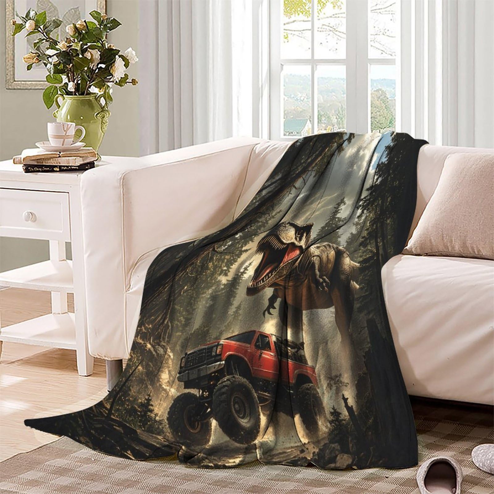 Dinozaur miękki i ciepły koc flanelowy, koc polarowy w kratę do łóżka, sofy, 80 x 90 cali (200 x 230 cm) T-Rex Monster Truck Pluszowy koc z polaru Sherpa - efekt uspokajający głęboki nacisk