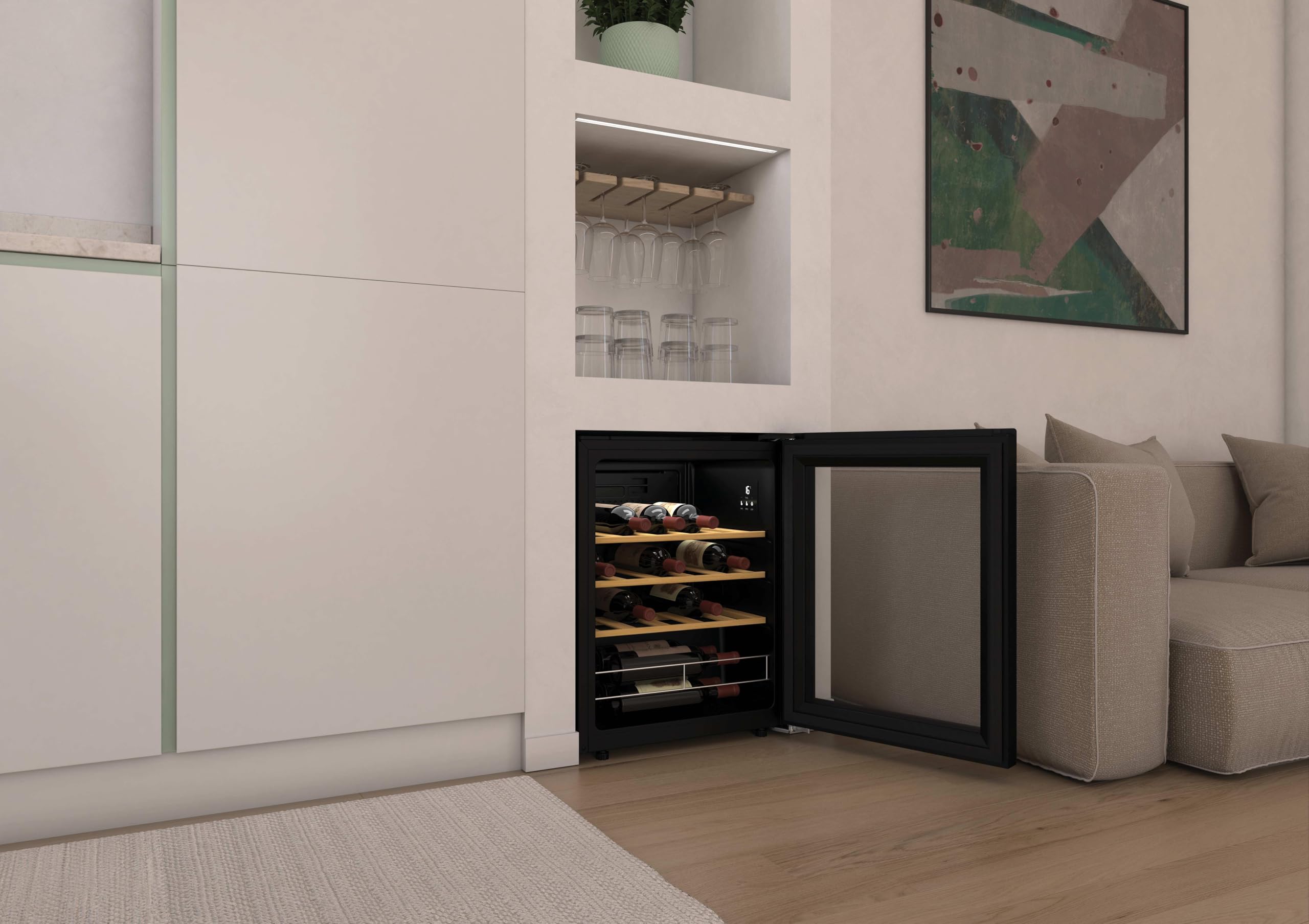 Candy - Cave à Vin Connectée 23 Bouteilles - 1 Porte - Classe Énergétique G - Froid Statique - Noire + Clayettes Bois - 62 Litres - 63 x 47,5 x 45,6 cm - Modèle CWC023