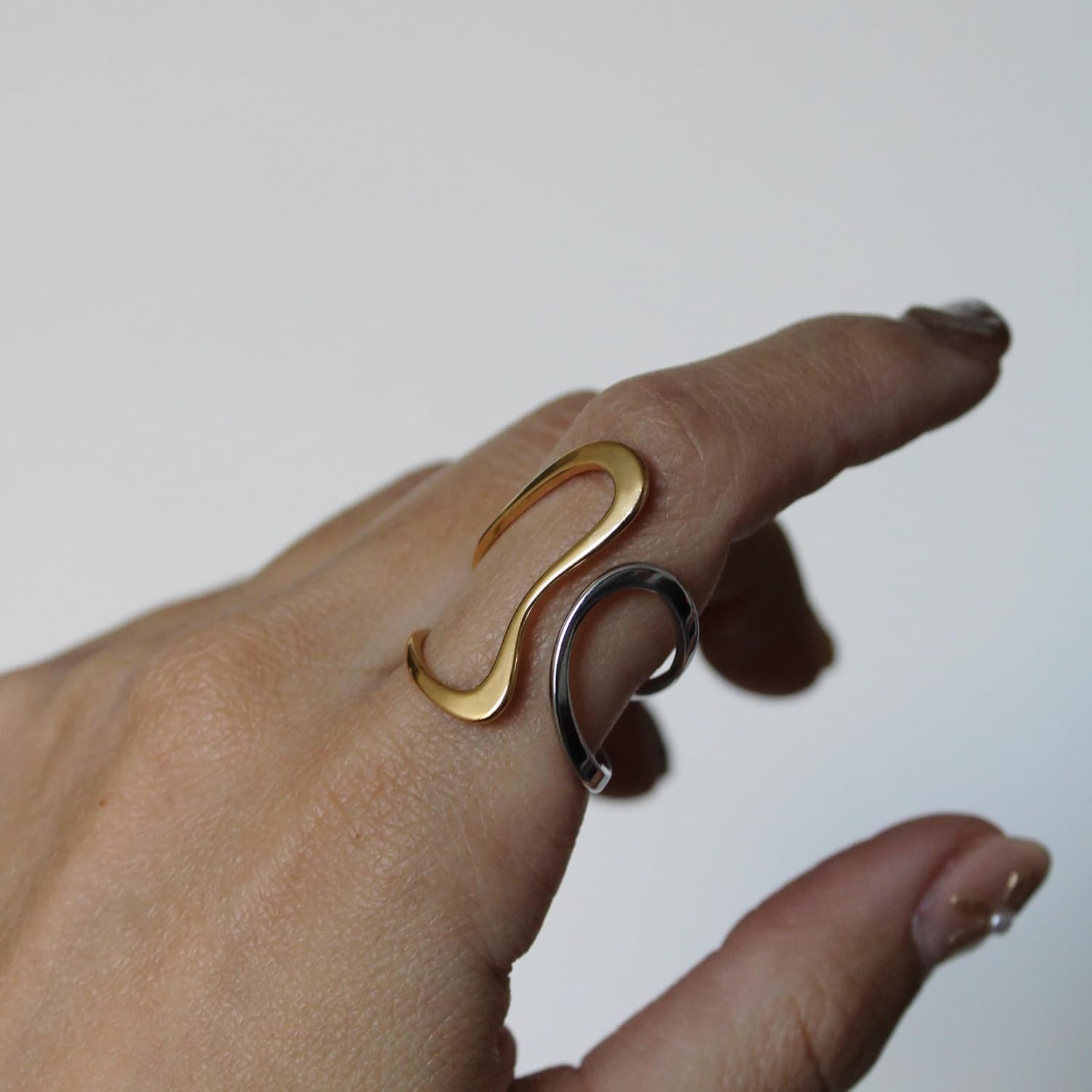 Chunky Thumb Rings For Women, Two Tone Minimalist Hollow Wavy Curve Geometry Adjustable Non Tarnish Stainless Steel Jewelry Gift - Image 2