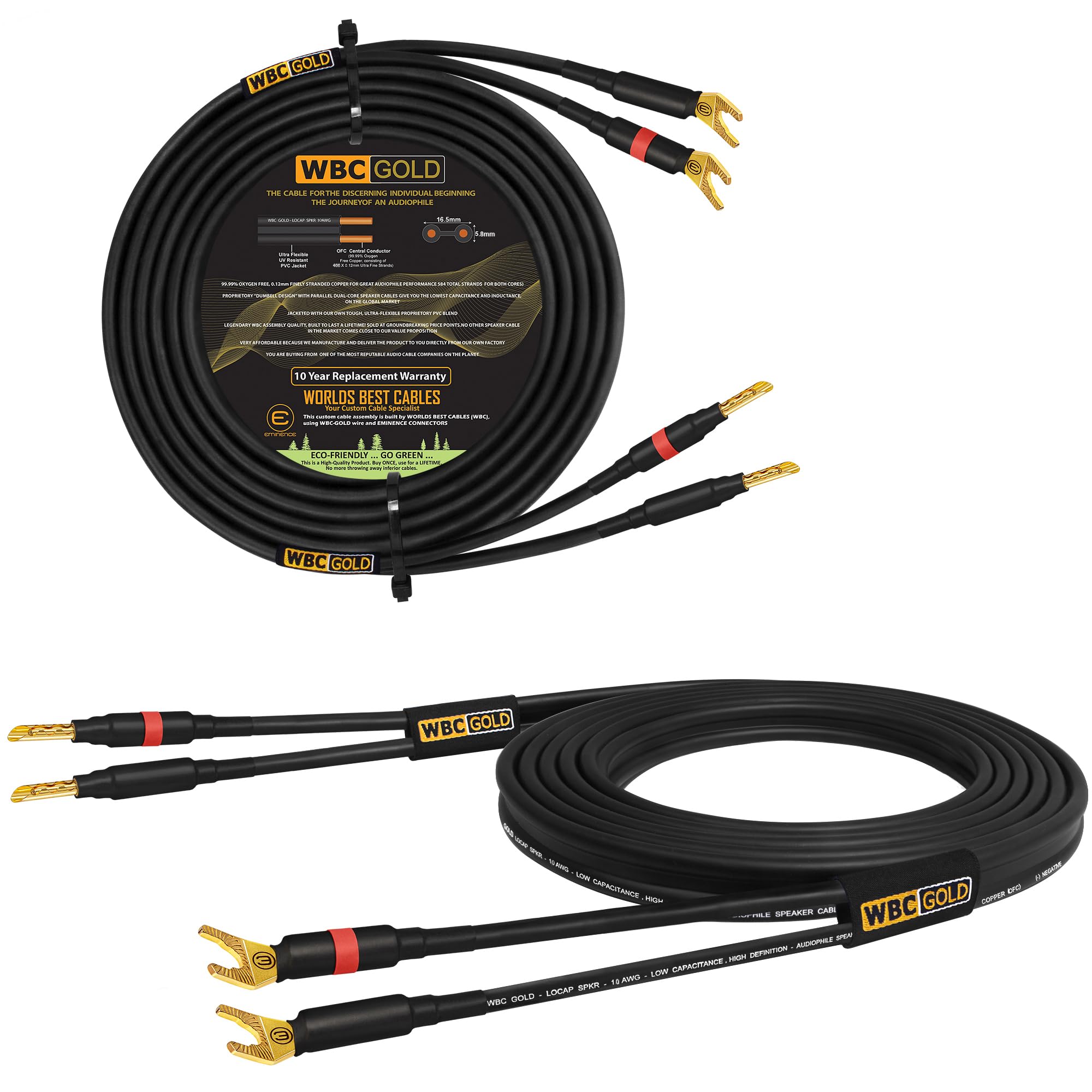 WORLDS BEST CABLES Coppia di cavi per altoparlanti HiFi audiophile con connettori Eminence Gold Banana (x2) e Spade (x2) e Spade (x2)