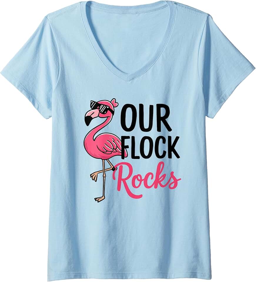 Our Flock Rocks Flamingo Shirts Womens Our Flock Rocks Flamingo Shirt - Fun Group Matching Tee V-Neck T-Shirt OEKO-TEX STANDARD 100