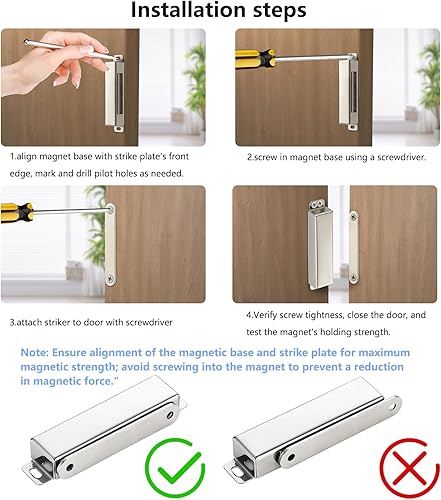 Miniatura 5 de Paquete de 4 cierres magnéticos resistentes para puerta, fuerza de tracción de 90 libras, acero inoxidable, antioxidante, ideal para puerta