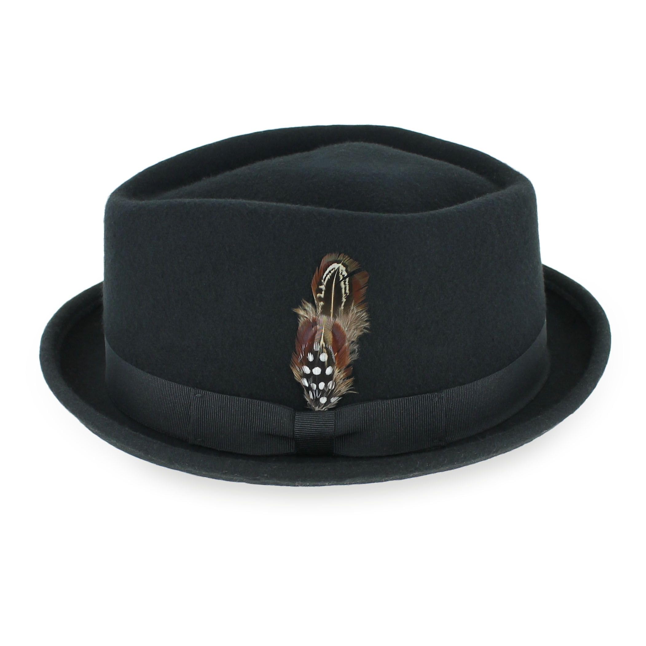 Belfry Crushable Porkpie Fedora Hat Men's Vintage Style 100% Pure Wool in Black Brown Grey Navy Pecan and Striped Band (US, Alpha, Large, Black)