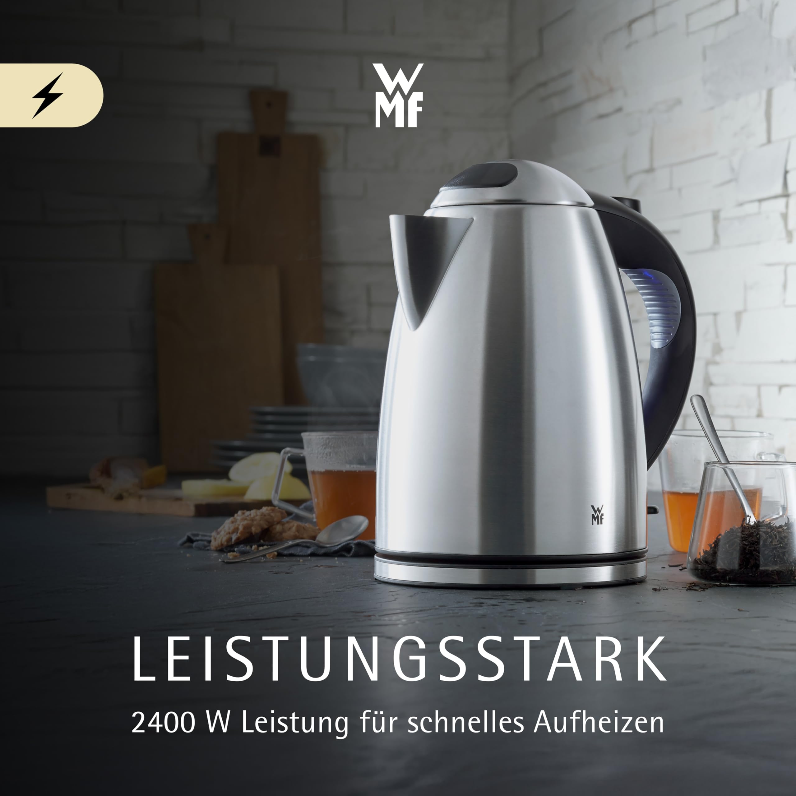 WMF Stelio Wasserkocher Edelstahl 1,7l, elektrischer Wasserkocher mit Kalkfilter, 2400 W, Wasserstandanzeige beleuchtet, Überhitzungsschutz, edelstahl matt silber
