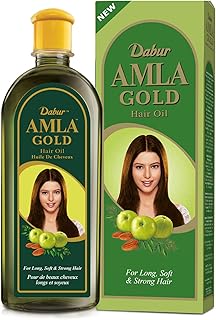 Dabur Amla Gold Hair Oil - Hair Serum with Amla Oil, Almond and Henna - Moisturizing Hair and Scalp Oil for All Types of Hair - Natural Hair Oil Treatment Products for Women - 10.14 Fl Oz (Pack of 1)