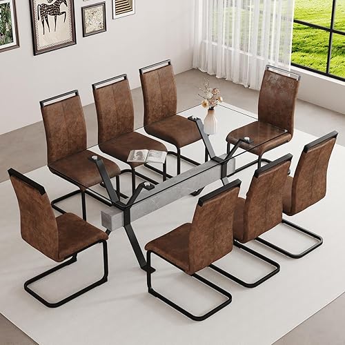 Miniatura 28 de Juego de mesa de comedor de cristal de 71 pulgadas para 6 personas | Juego de mesa de comedor moderno para 6 con sillas de piel sintética | Mesa de