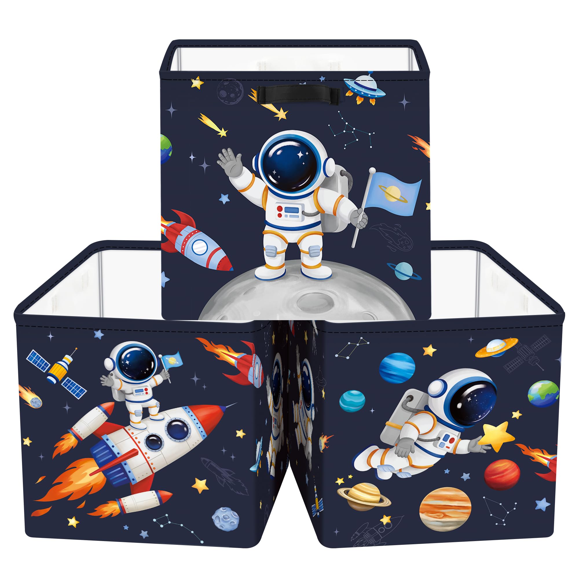 Clastyle 3 pcs Cosmic Space Cube Storage Unit Boxes Stars Kallax Box for Shelves Parents Storage Baskets for Book Clothes Toy Organizer, Planet, 11.8x11.8x11.8 in