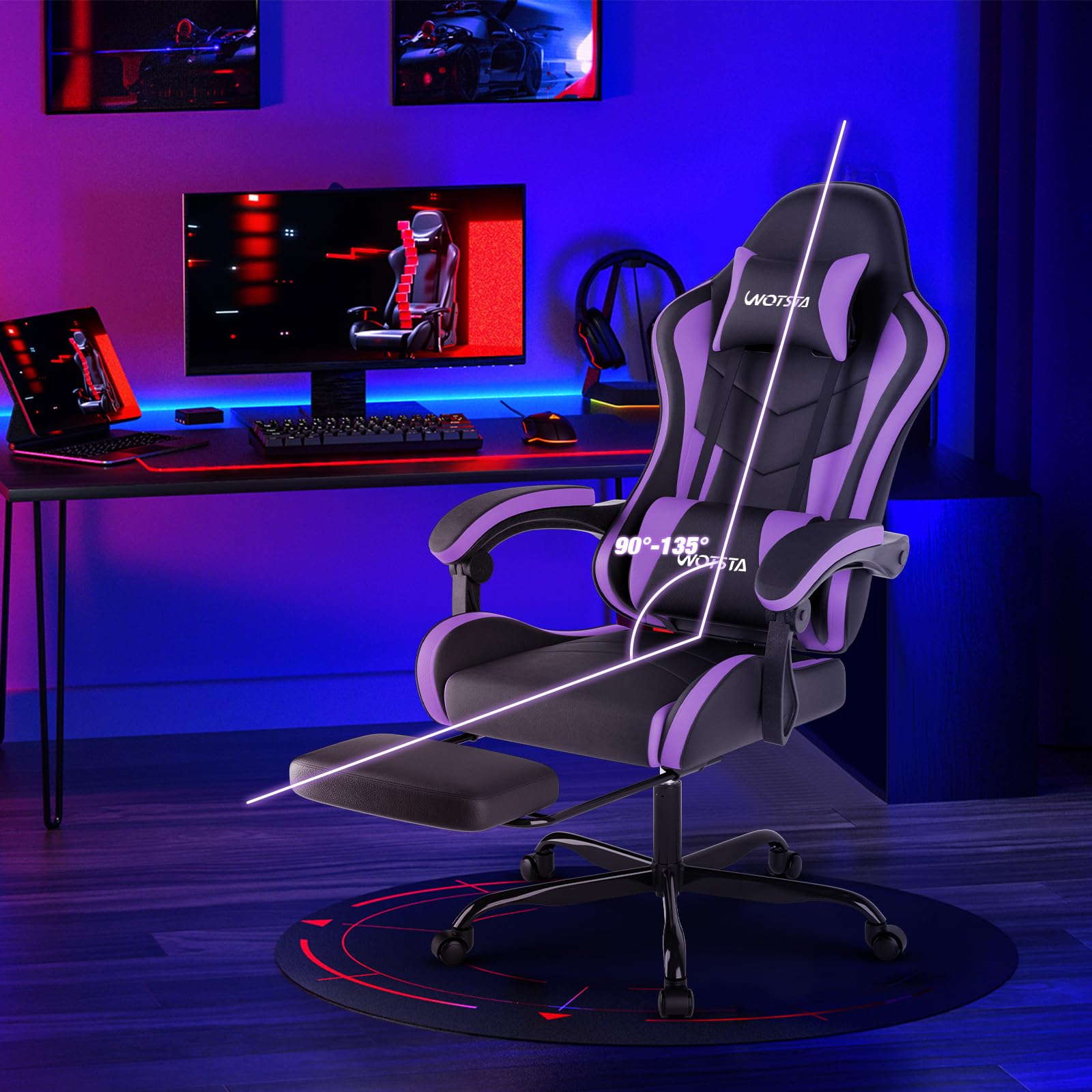 Sedia da gioco con poggiapiedi, sedia ergonomica da gaming, sedia per computer con supporto lombare, poggiatesta, sedia per PC regolabile in altezza con seduta girevole a 360°, per ufficio o gioco