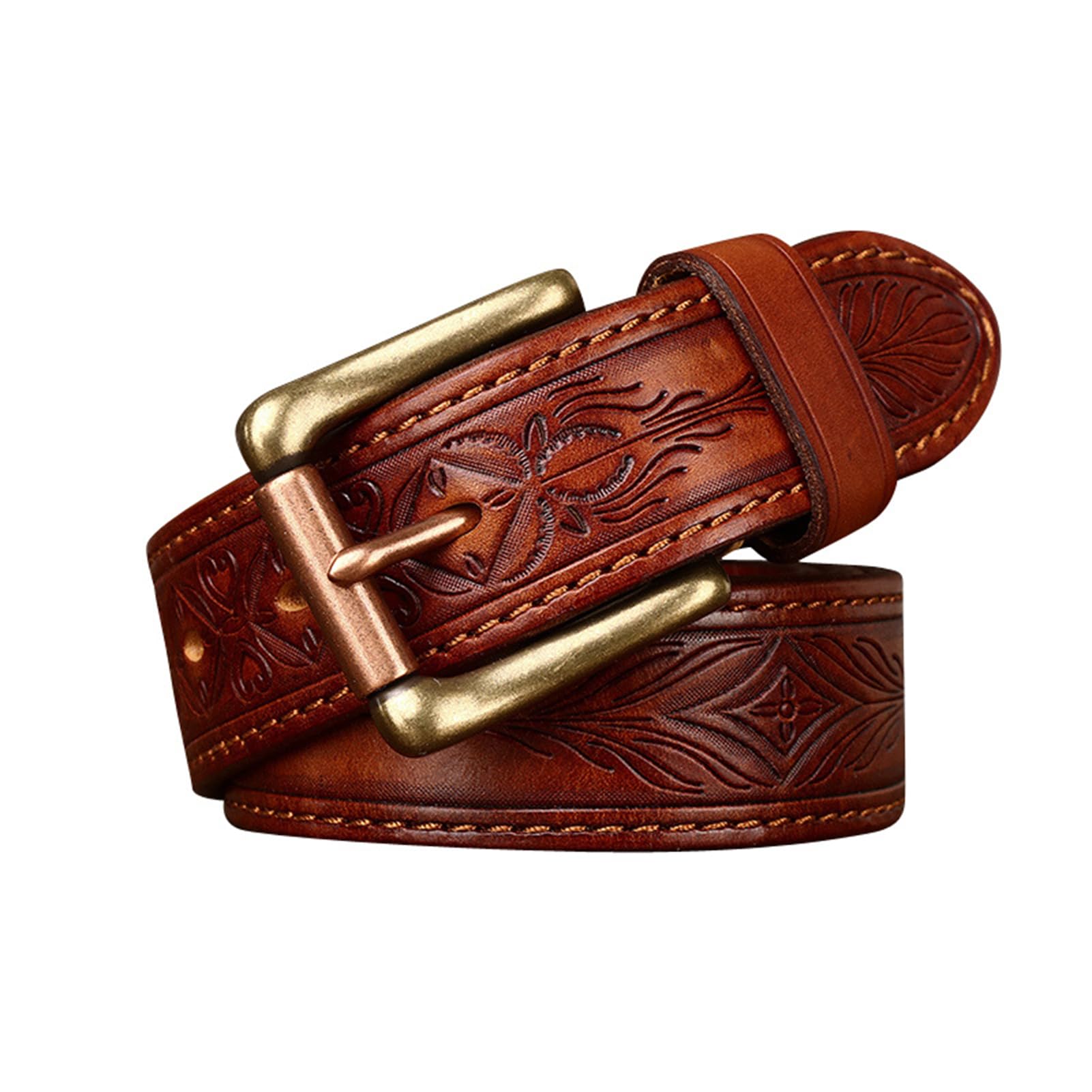 Gürtel Herren Damen Vollledergürtel Handgemachtes Prägung Ledergürtel Mit Goldener Gürtelschnalle Dornschließe Ornament Druck Blumen Und Blätter Muster Jeansgürtel(115cm/45, Brown)