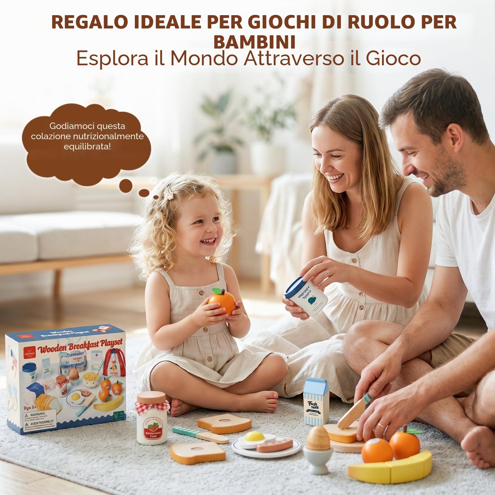 Lehoo Castle Cucina Giocattolo per Bambini, Giocattoli da Colazione in Legno con con Frutta, Posate, Giochi di Ruolo, Regali per Bambine 3 4 5 Anni