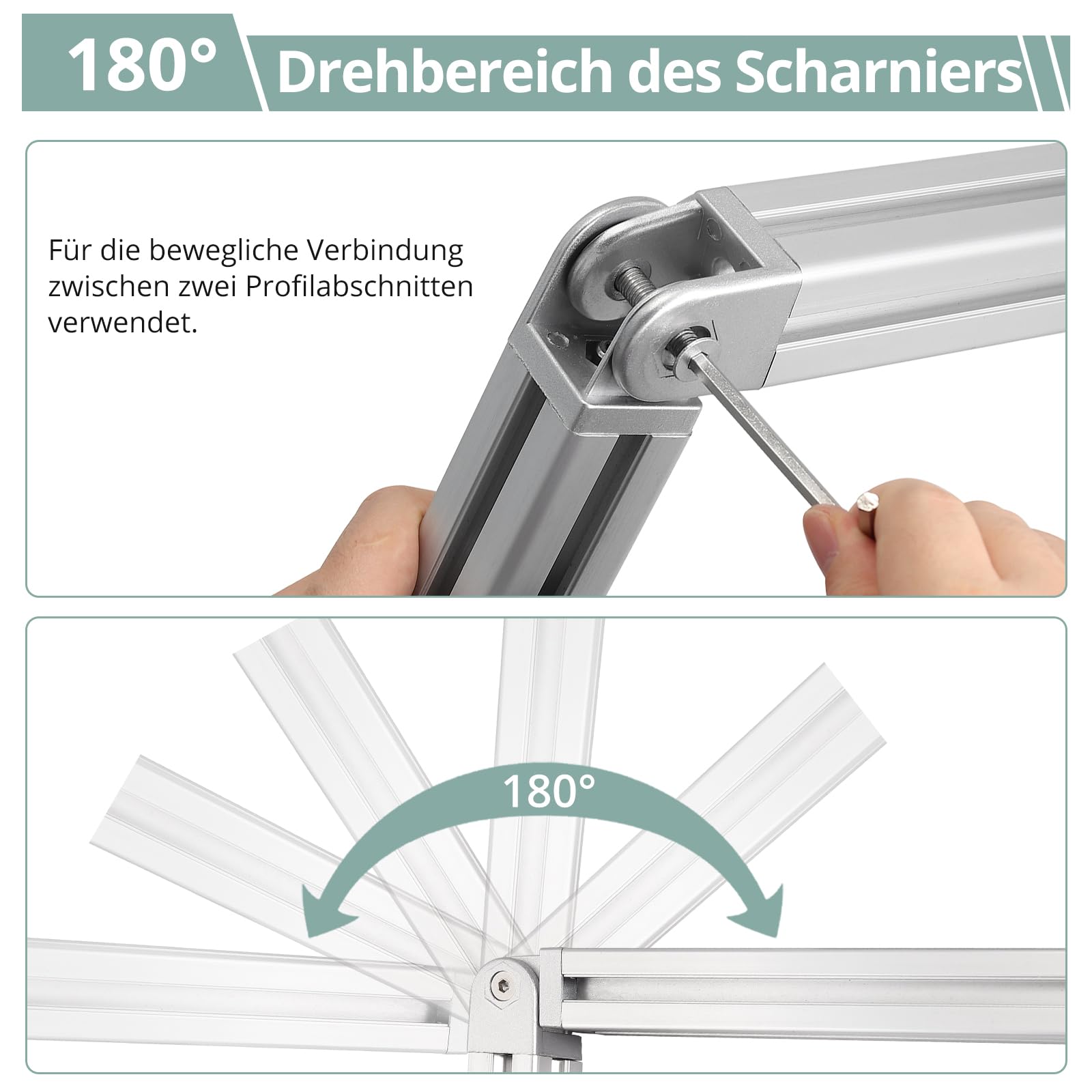 COLFULINE 4 stuks scharnierverbindingen, aluminium profiel, 20 x 20 cm, groef 6, instelbare hoekverbinder, zinklegering, flexibel scharnier, 180 graden draaibereik, met klemhendel, montageaccessoires