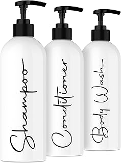 Alora 16oz Reusable Shampoo and Conditioner Bottles - Set of 3 - White - Easy to Read Lettering - Pump Bottle Dispenser for Shampoo, Conditioner, Body Wash - Empty Plastic Refillable Containers