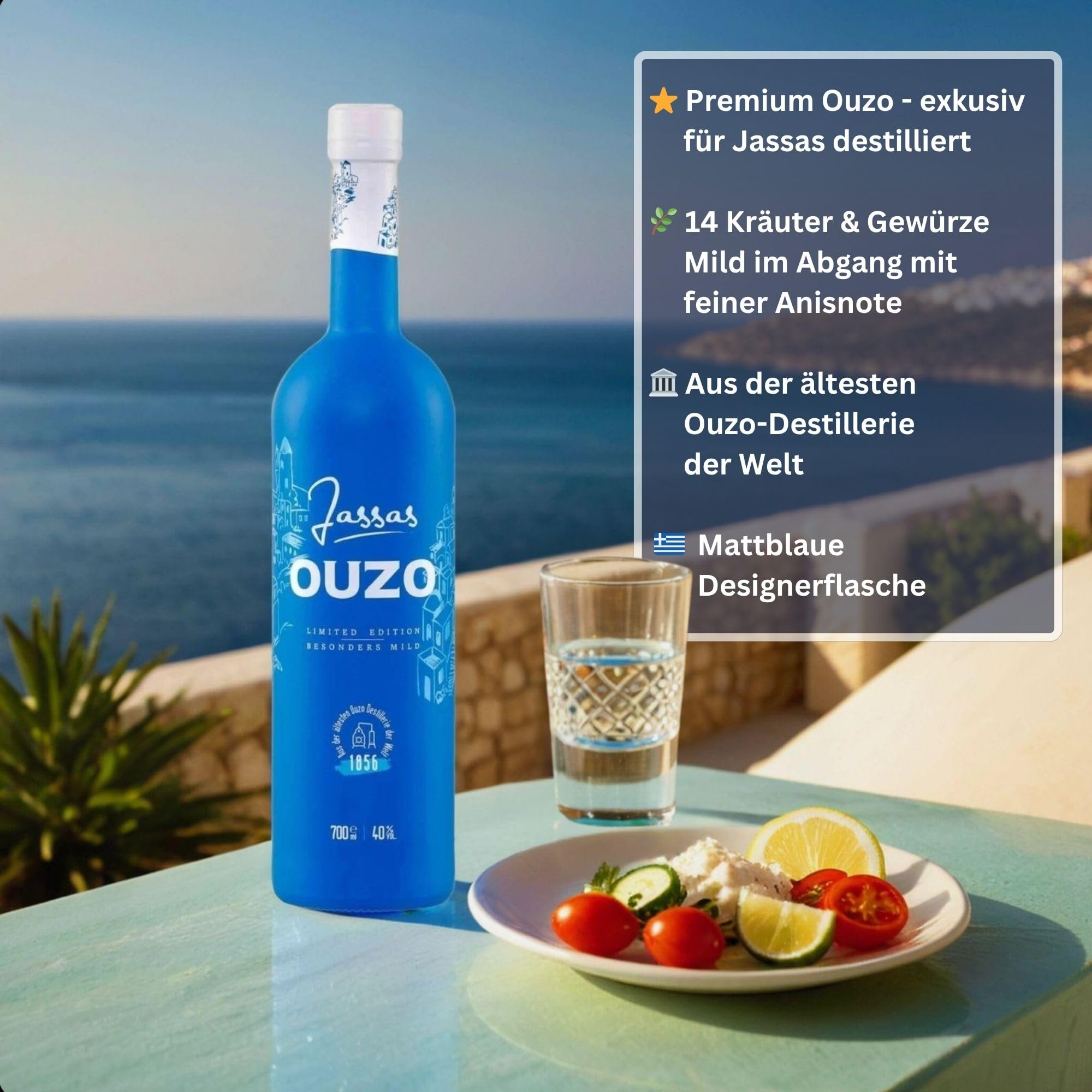 Jassas Ouzo 40% 4x 0,7l + 6 Gläser | Besonders mild | Limited Edition | Älteste Ouzo Destillerie der Welt 1856