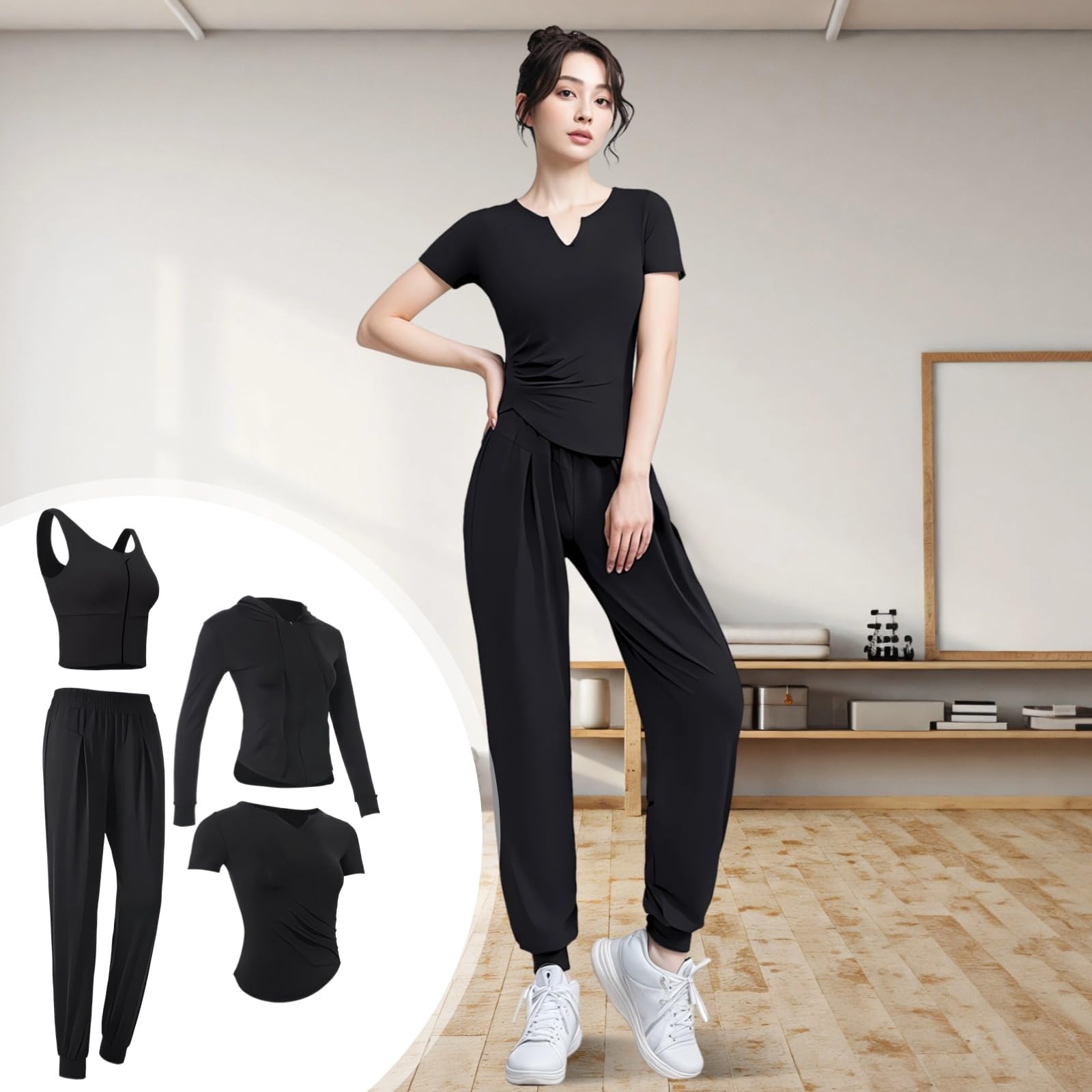 Conjunto de entrenamiento de 4 piezas para mujer, tallas S a XXL, tela transpirable que absorbe el sudor para gimnasio y yoga, incluye chaqueta de manga larga, camiseta de manga corta, brasier