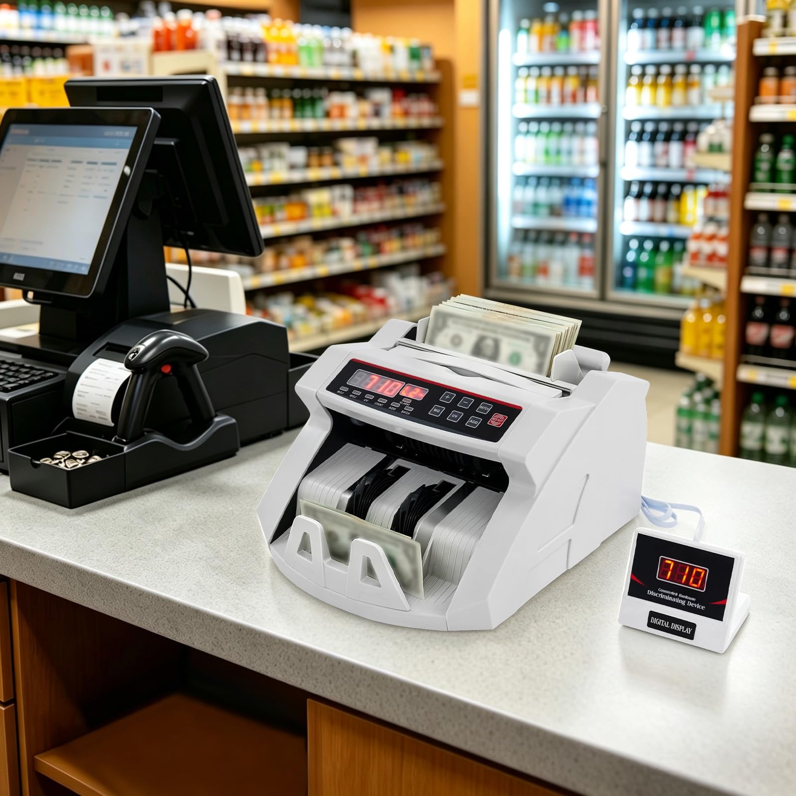 Contabanconote Professionale con Display LED, Rilevamento UV e Magnetico per Banconote False, Velocità 1000 Banconote/min, Capacità 200 Pezzi, per Euro Dollari e Sterline, Bianco