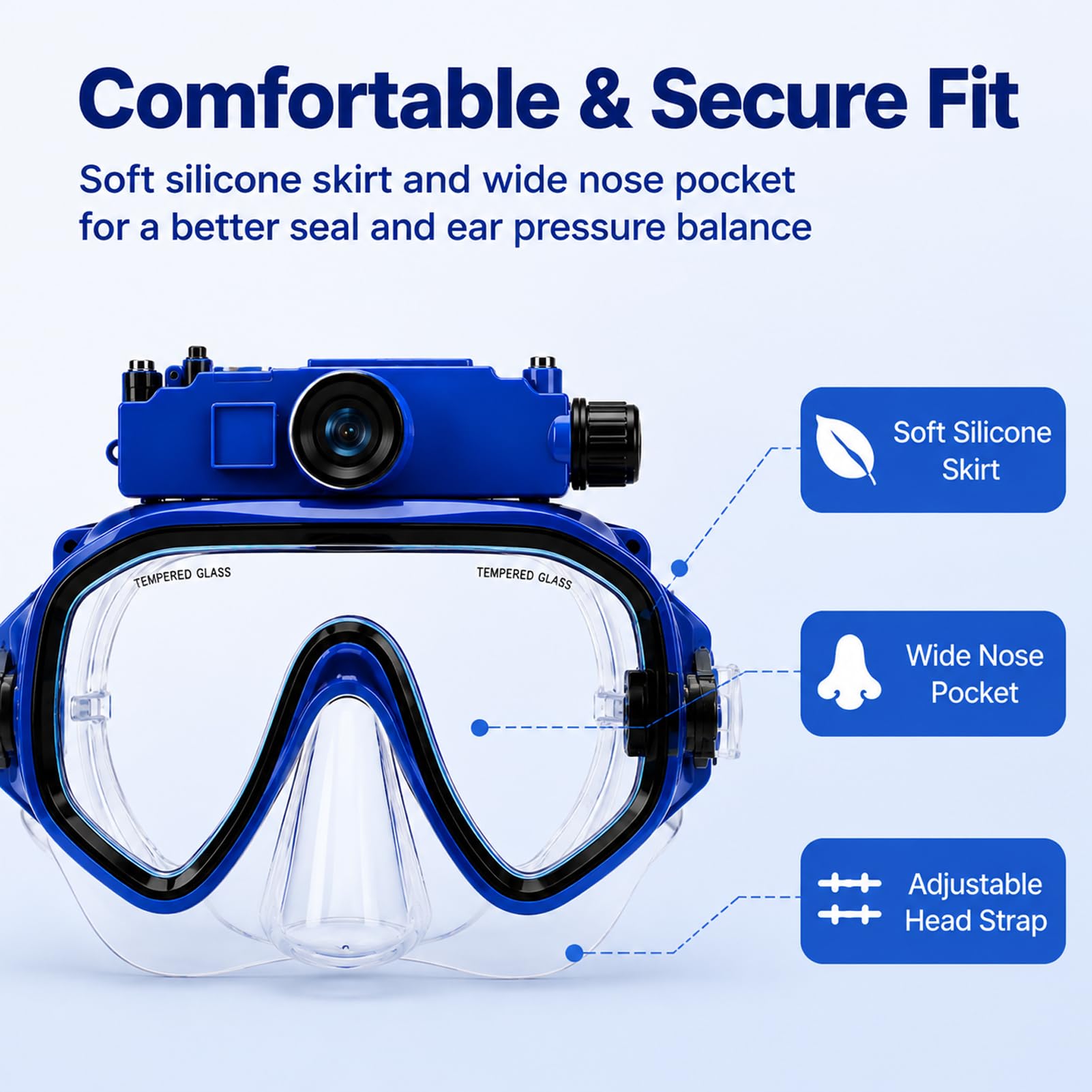 Denash Gafas de Buceo con Cámara, Máscara de Buceo para Snorkel y Uso con | Fotografía Subacuática 2K, Lente Gran Angular FOV de 100°, Soporte de Profundidad de 15M, Estabilización de Imagen con