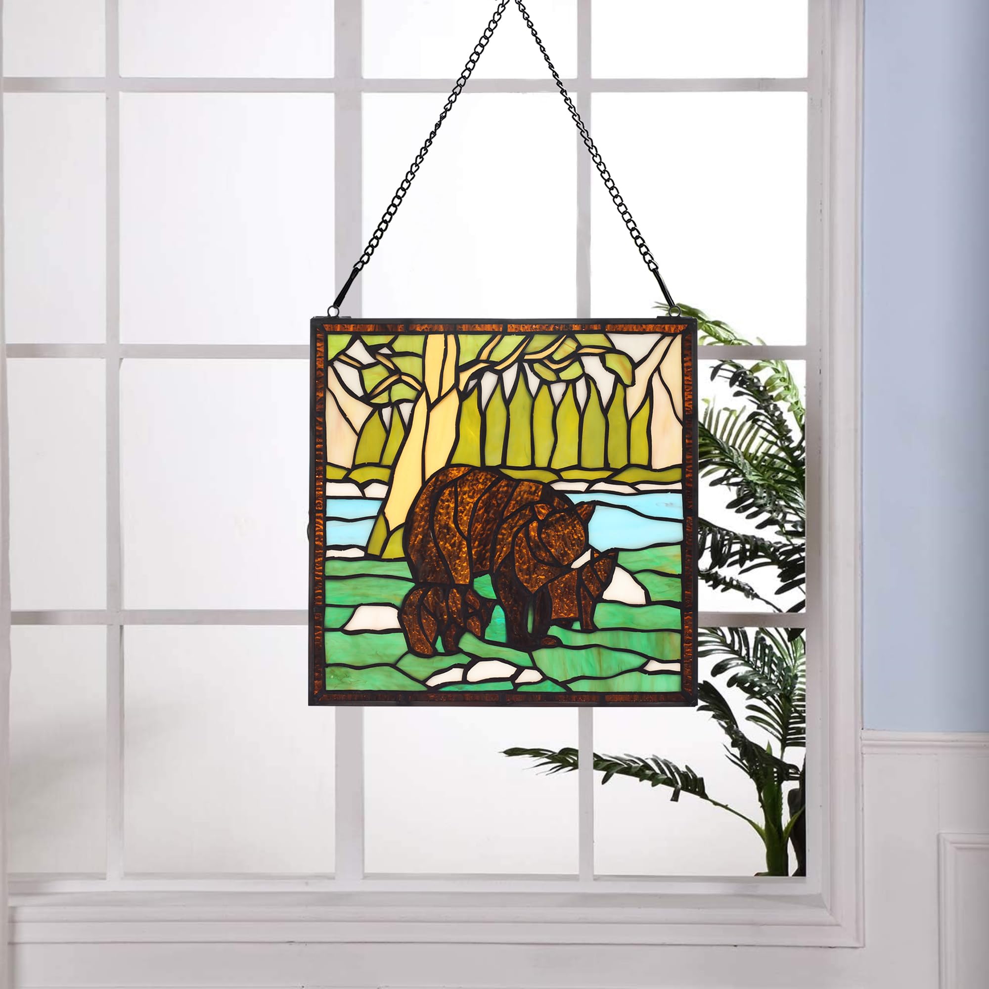 bwkoiujes Buntglas-Fensterbehang, 30,5 cm, quadratisch, Tiffany-Tier-Stil, 3 braune Bären, Sonnenfänger, Wanddekoration, Kunst-Panel, inklusive 50,8 cm Kette und Haken, das perfekte Geschenk zum