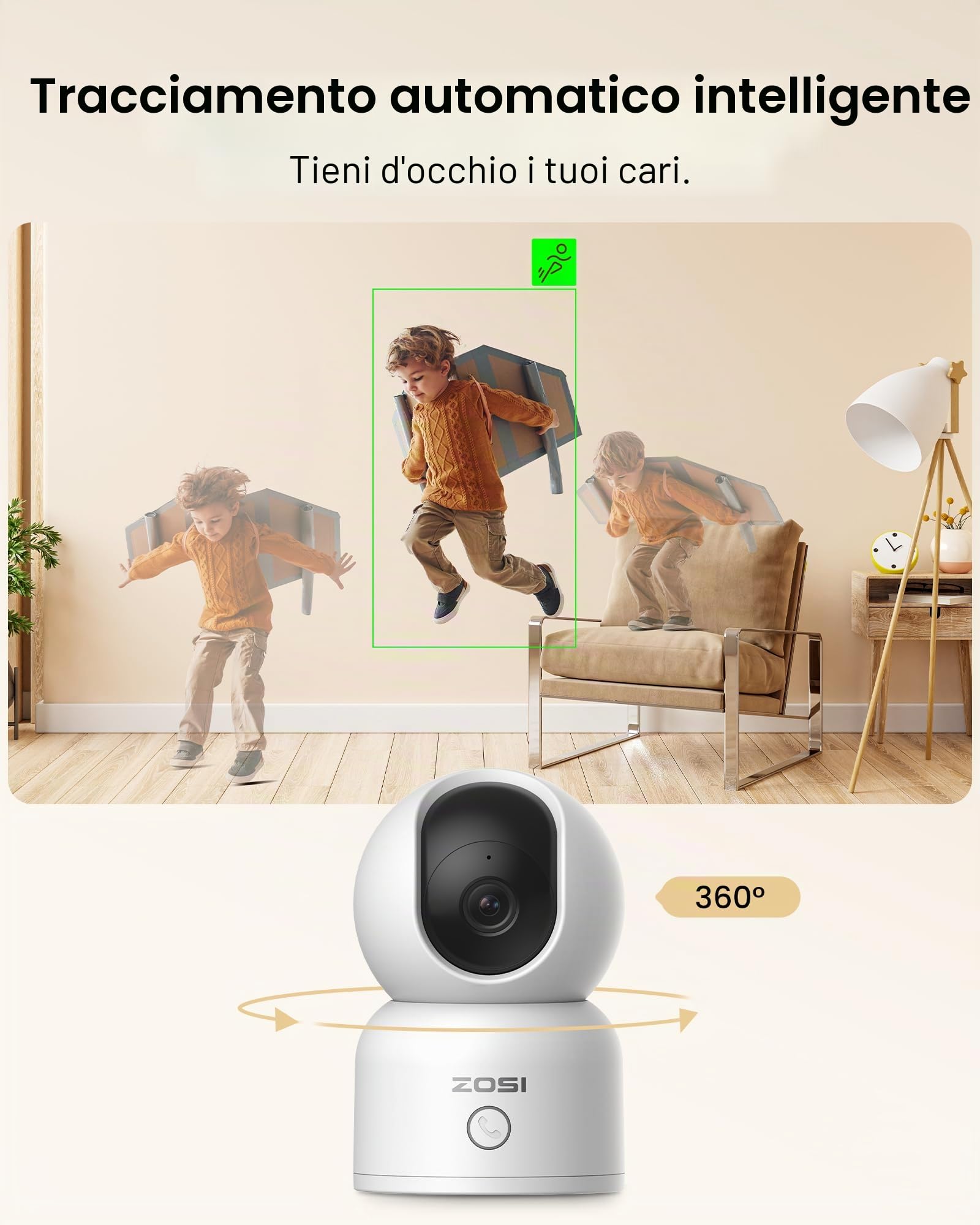 ZOSI 2x Telecamera Wi-Fi Interno, 3MP Videocamera Sorveglianza IP per Cani Gatti con Visione Notturna, Audio Bidirezionale, Rilevamento di Movimento