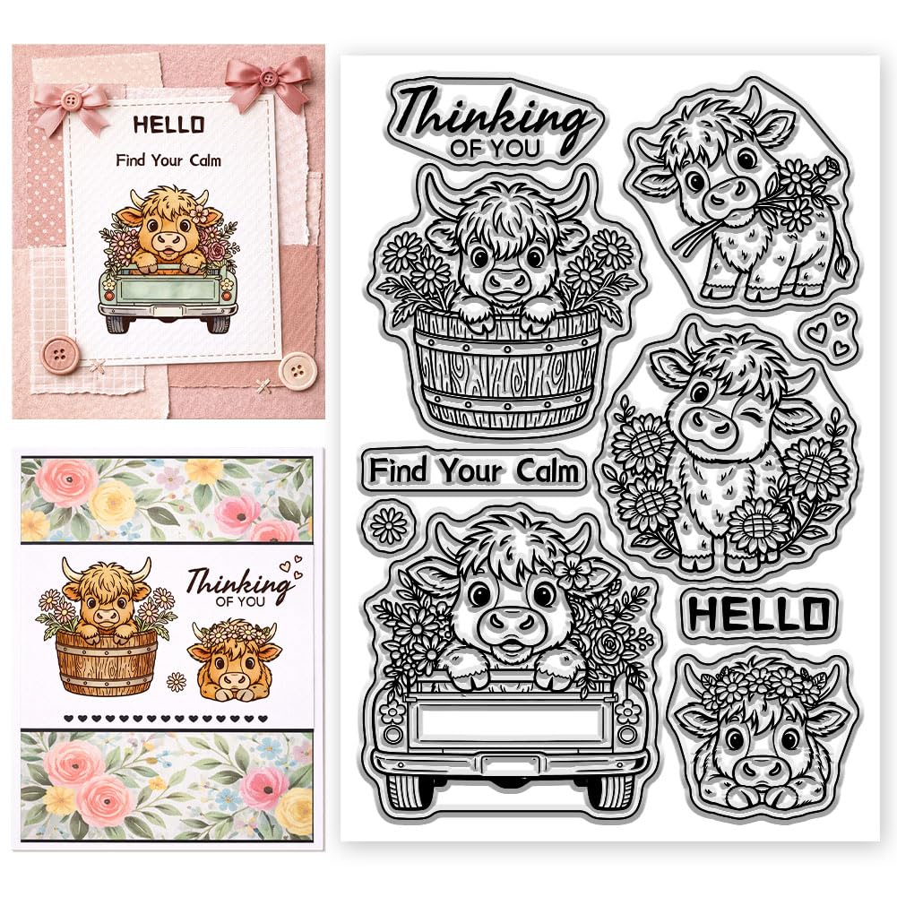 CONCHLERY Clear Stamps Highland Cattle Flowers 6.3x4.3 Inch