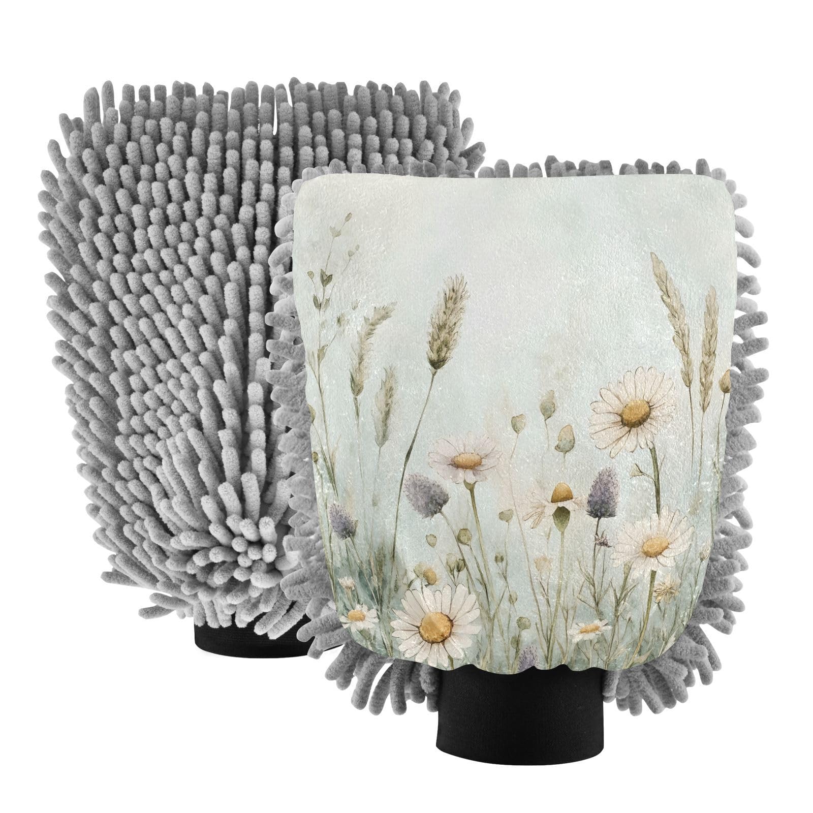 Flradish 2 Pack Watercolor Wildflowers Car Wash Mitt Chenille Microfiber Lint-Free Scratch Free Ultra-Soft Absorbent Car Wash Mitt 11.8x8.07 Inch
