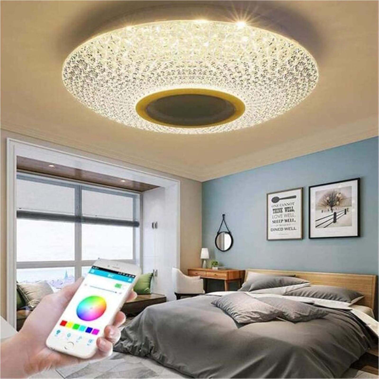Kryształowa lampa sufitowa LED z pilotem zdalnego sterowania i aplikacją, nowoczesna lampa sufitowa RGB z 3 głośnikami Bluetooth, sypialnia, salon, łazienka, wodoodporny klosz z gwiaździstym niebem