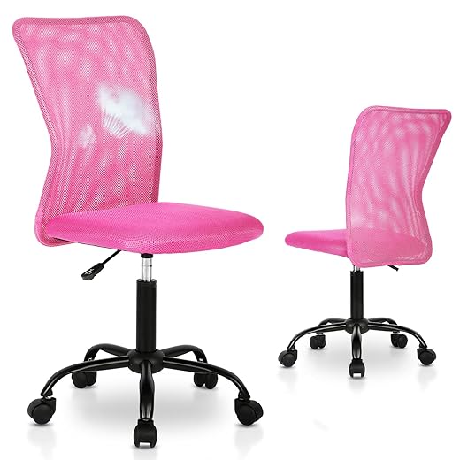 Home Office Chair Small Desk Chairs Sewing Chair No Arms Task Computer Chairs with Lumbar Support Mid Back Mesh Rolling Chair Armless Swivel Chair for Girls Kids Adults, Pink