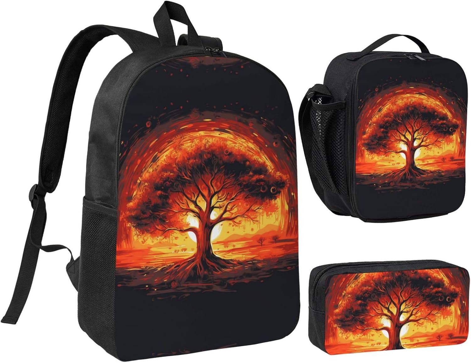 Burning Tree of Life Backpack Set 3 PCS - 17 Inch Laptop Backpack with Lunch Bag, Waterproof Daypack Insulated Lunch Box Large Capacity Coin Pouch Personalized Gift