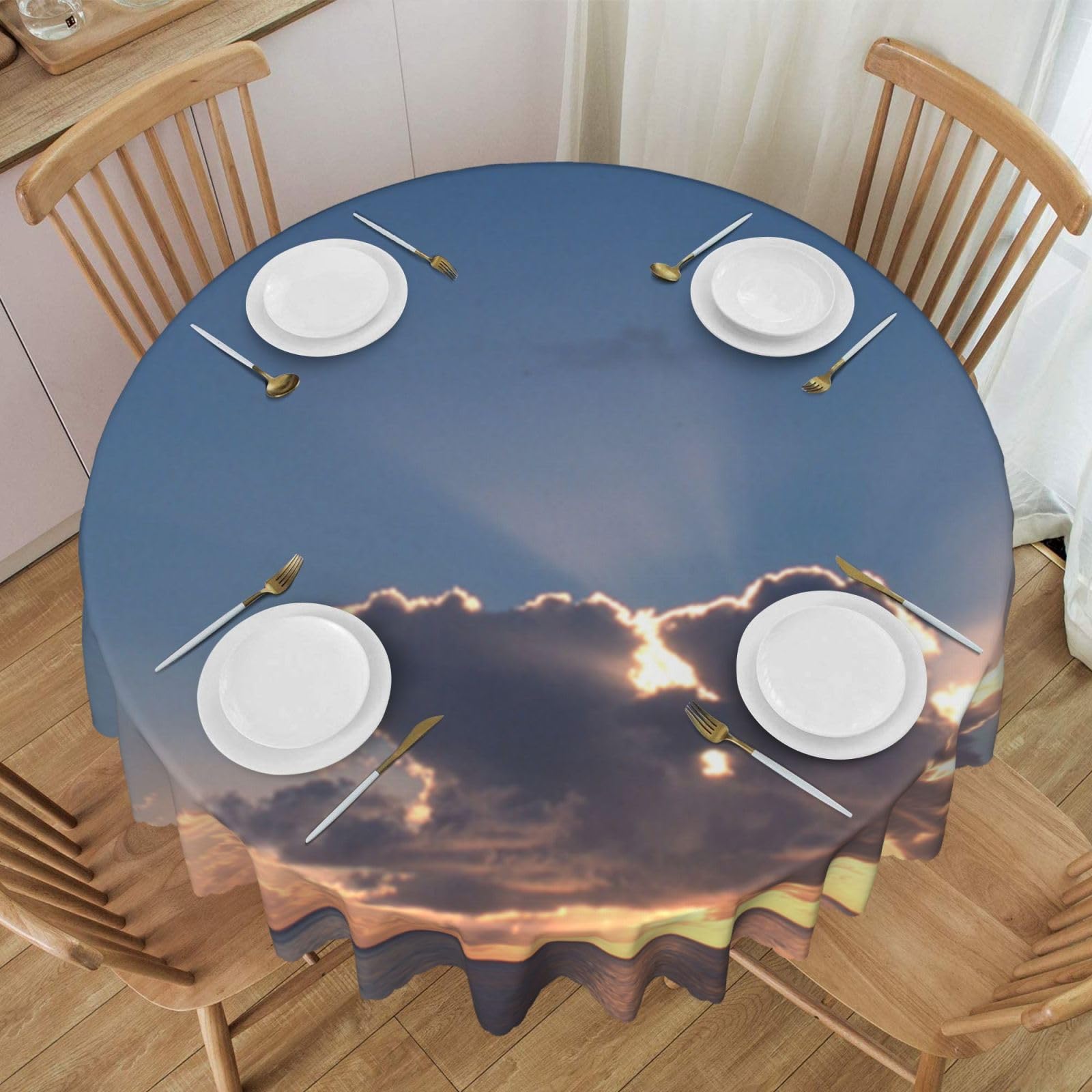 DCEHGEW 60 In Round Tablecloth with Lace, Sunrise Tropical Palm Tree Still Printed Oilproof & Washable Fabric Picnic Table Cloth Table Covers